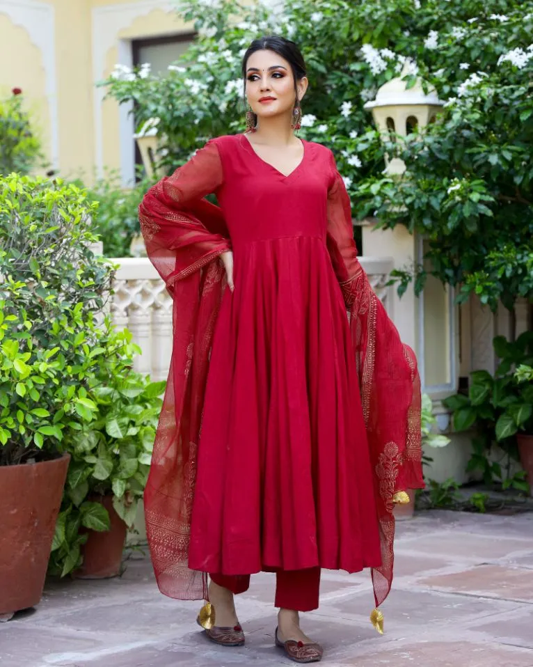 Cherry Red Gold Handblock Anarkali Set (Set of 3)