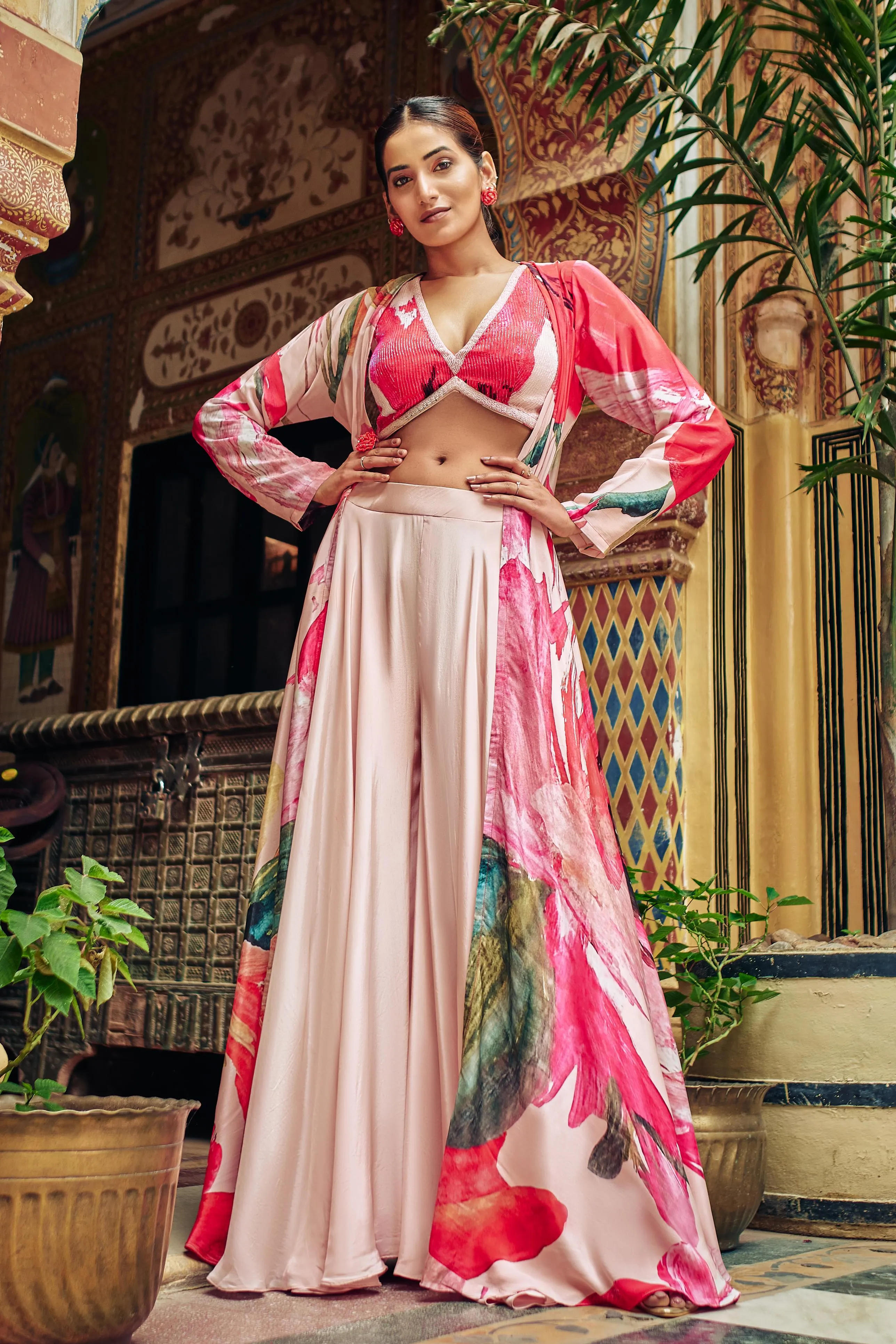 Chic Peach Digital Printed Crepe Silk Cape Set