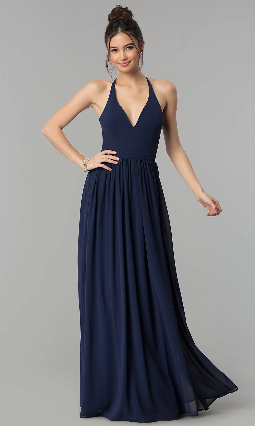 Chiffon V-Neck Formal Dress with Lace Racerback