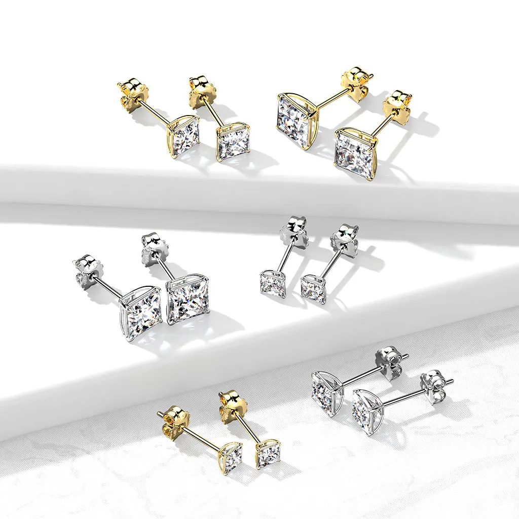 Classic CZ Princess Stud Earrings in 14K Gold (PAIR)