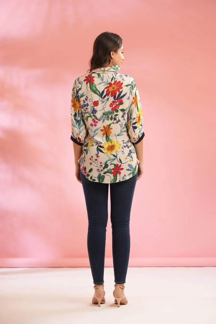 Cream Floral Printed Spanish Silk Top