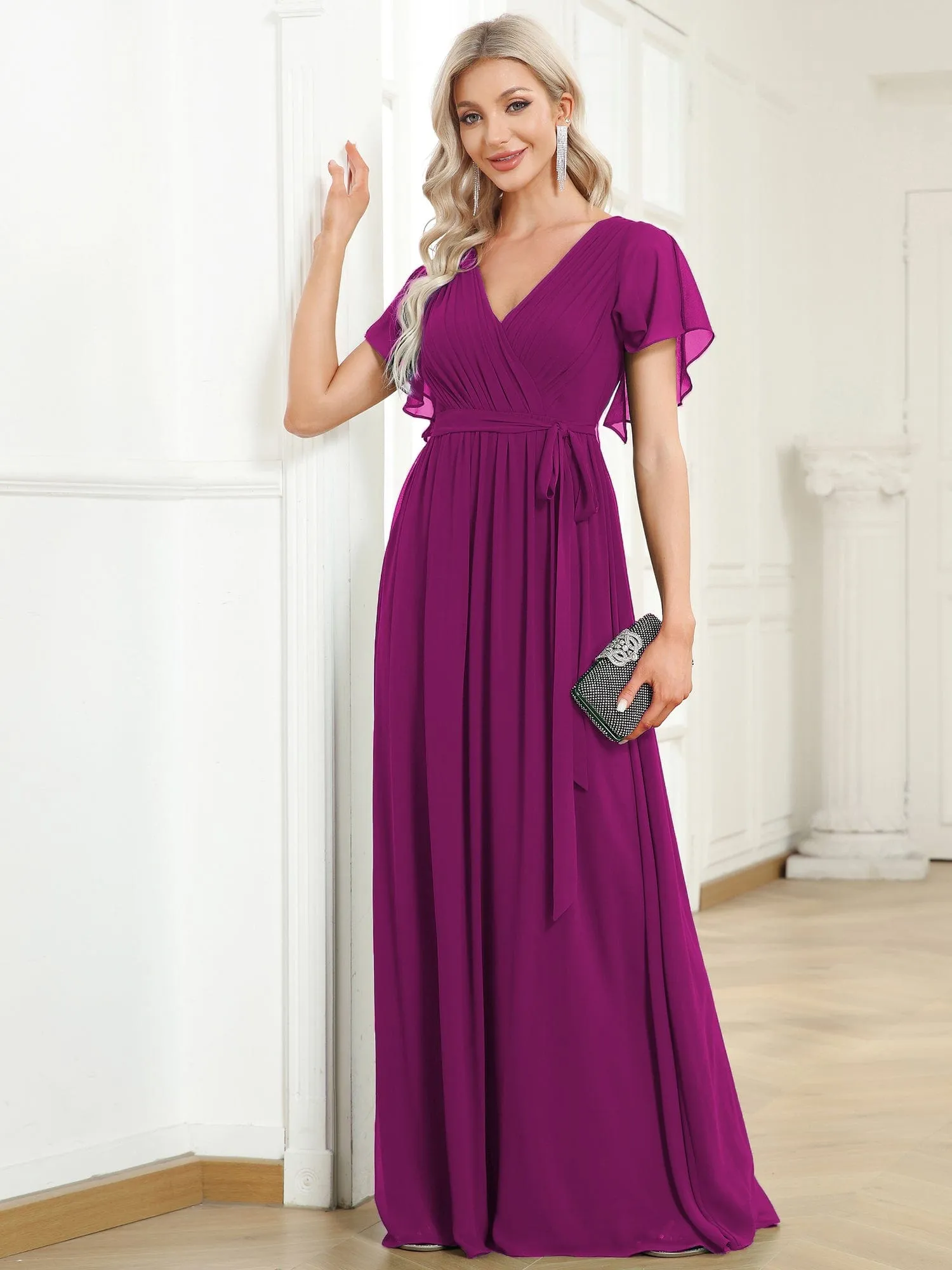 Custom Size Tie-Waist Pleated A-line Evening Dress