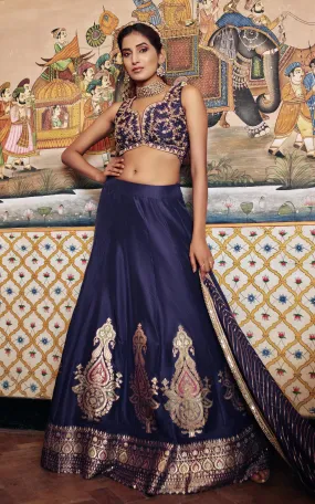 Dark Blue Embellished Brocade Silk Lehenga Set