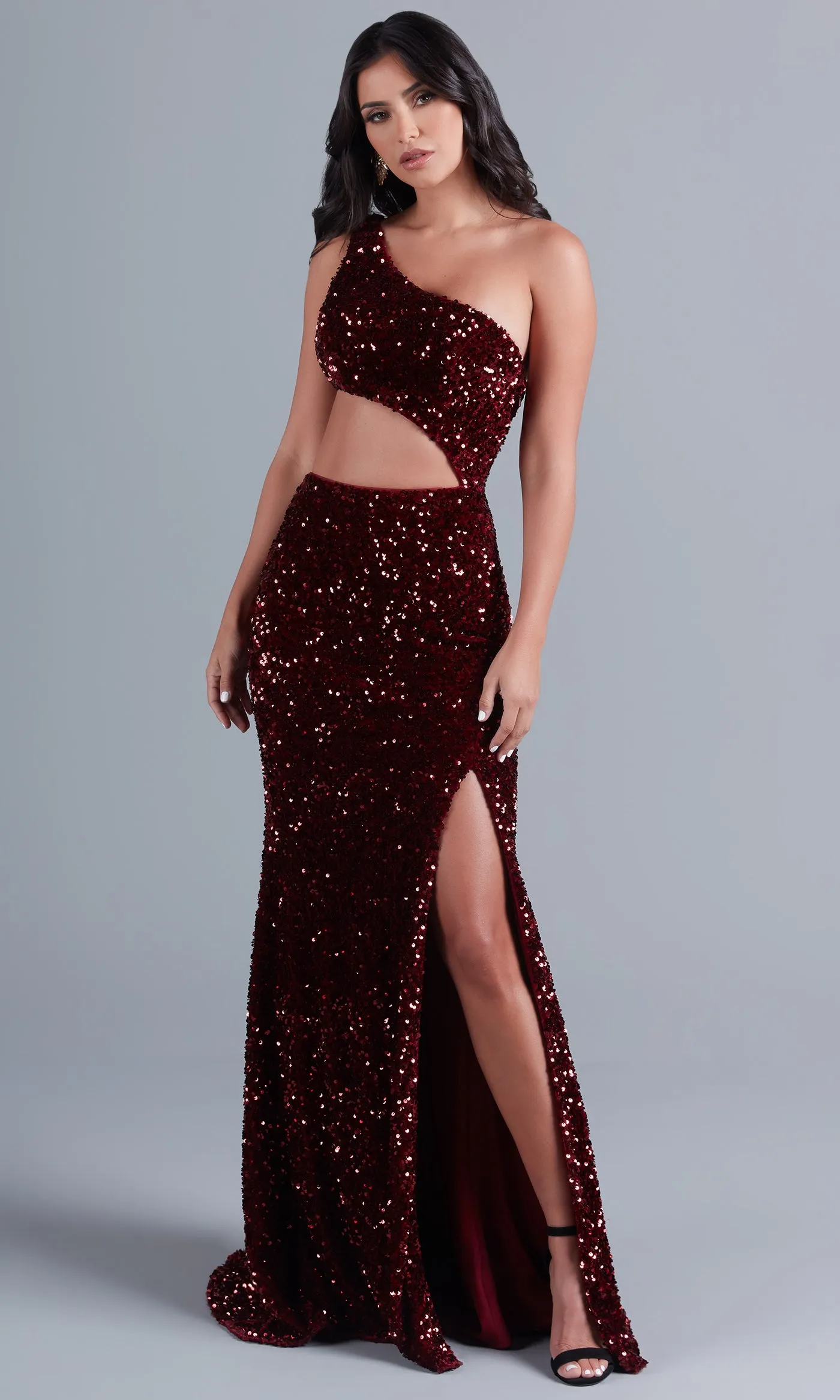 Dark Red Sequin Prom Dress with Side Cut-Out