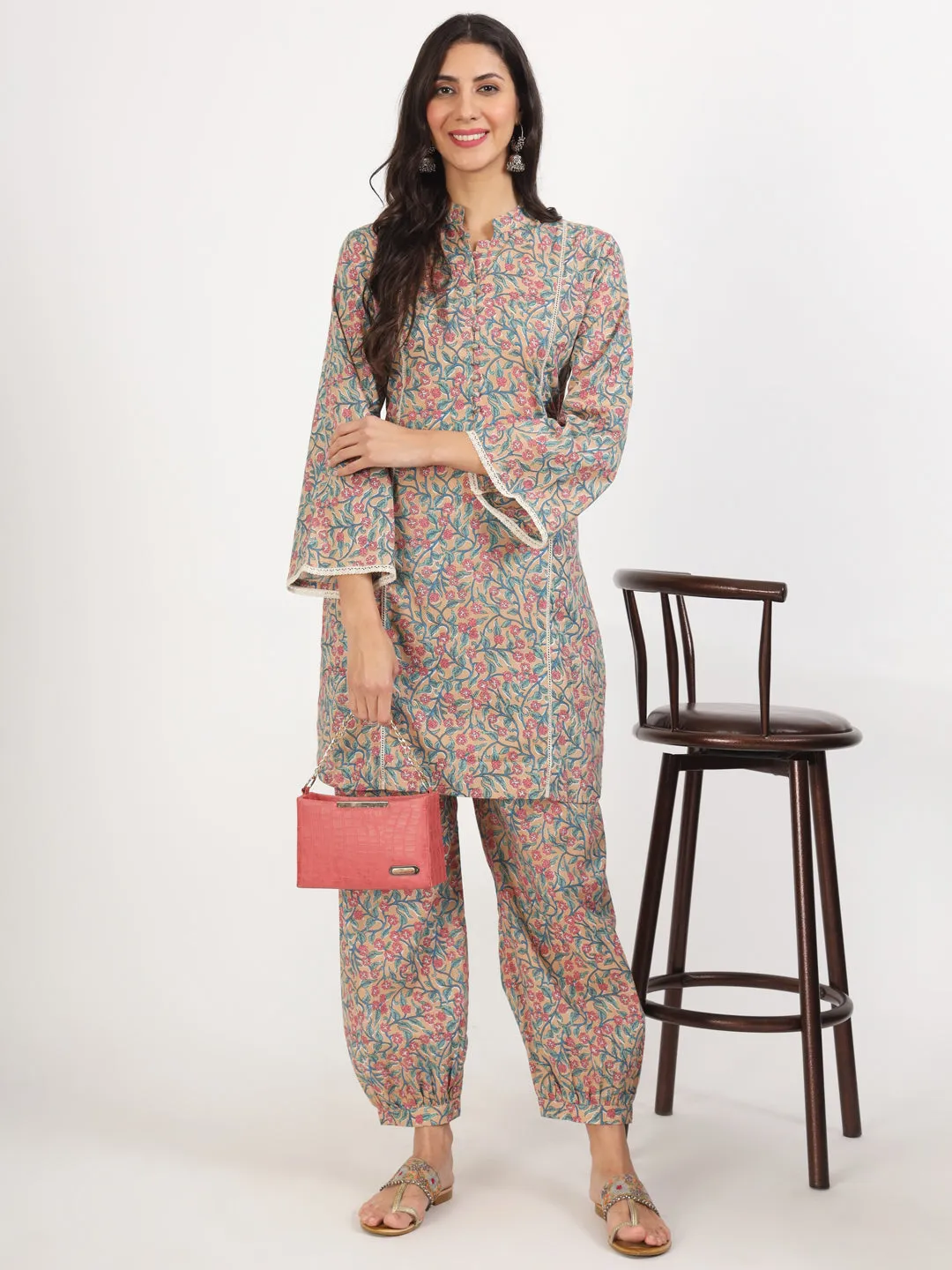 Divena Beige Floral Printed Cotton Co-ord Set