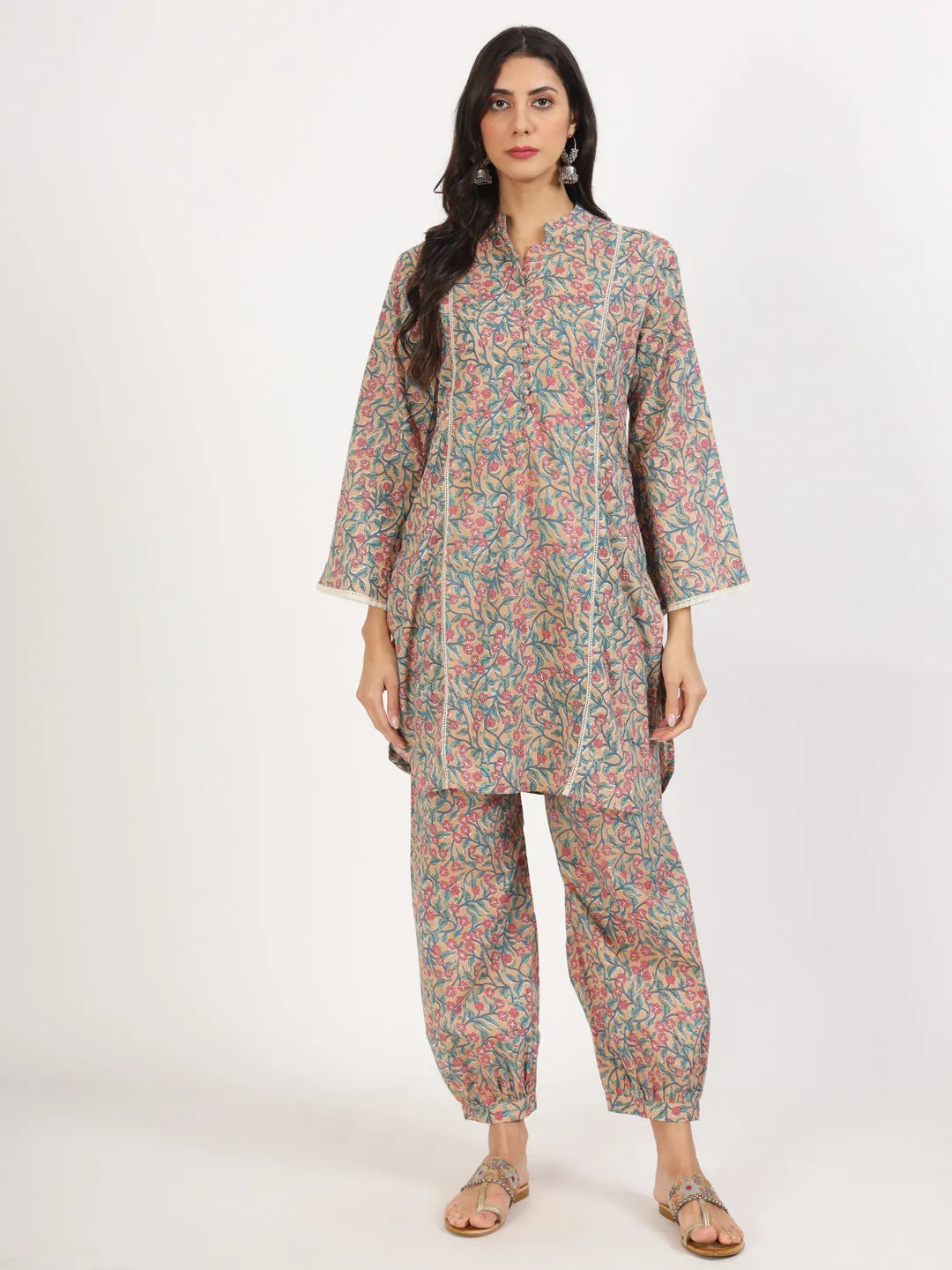 Divena Beige Floral Printed Cotton Co-ord Set