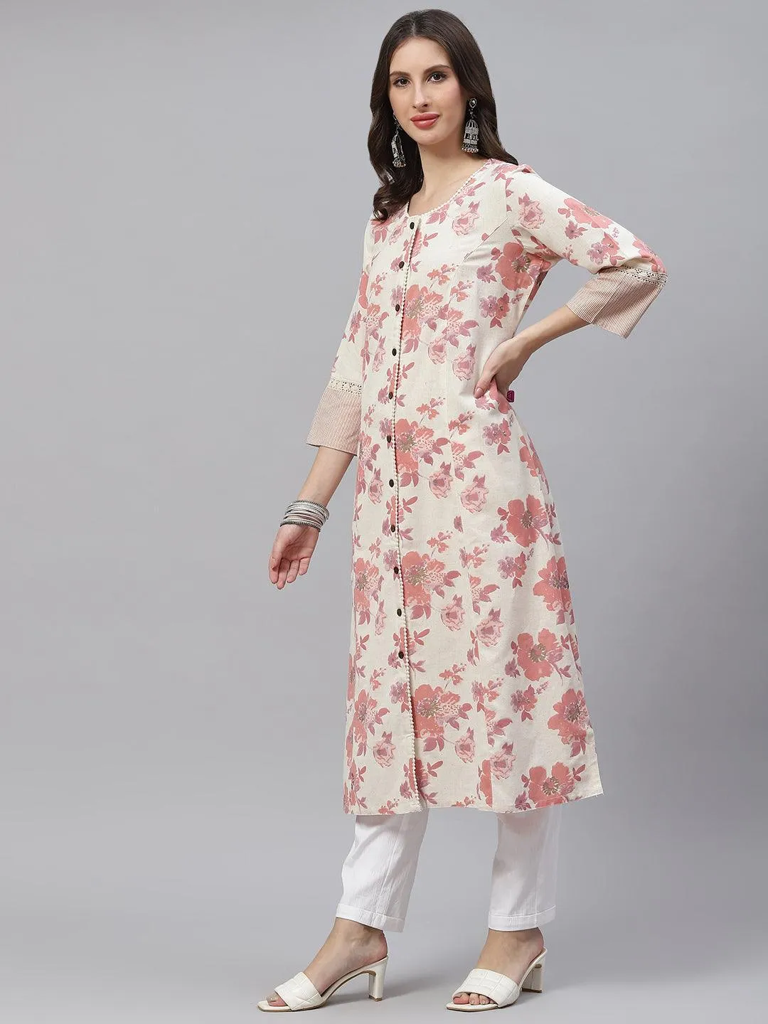 Divena Cream Floral cotton flex A-Line Kurta