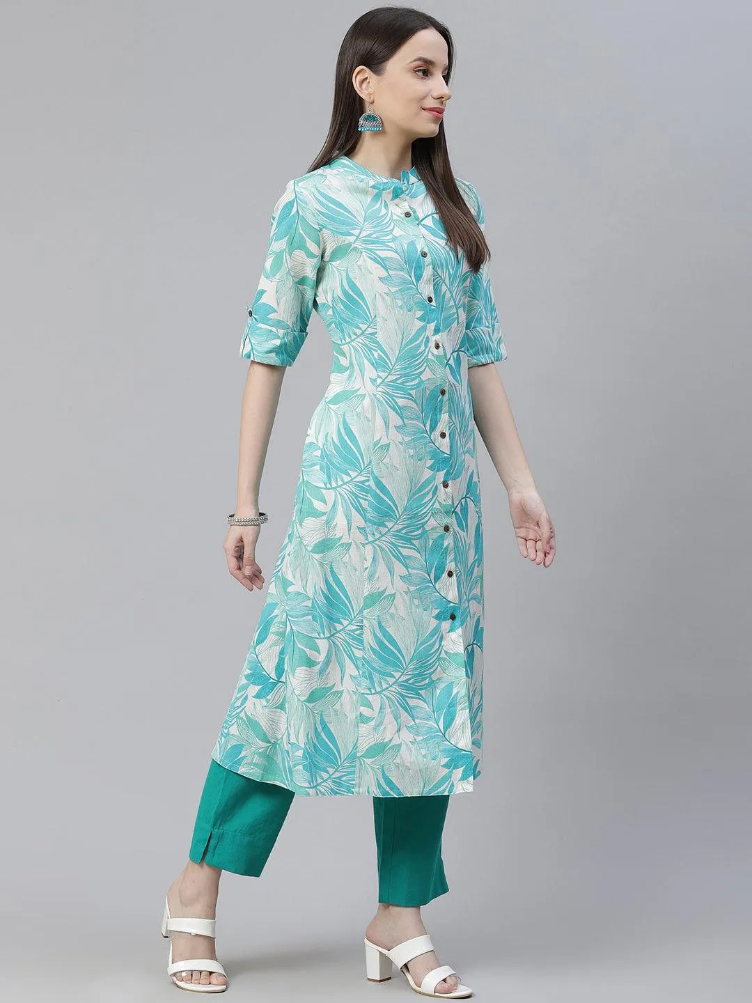 Divena Floral Print White Cotton Flex Kurta