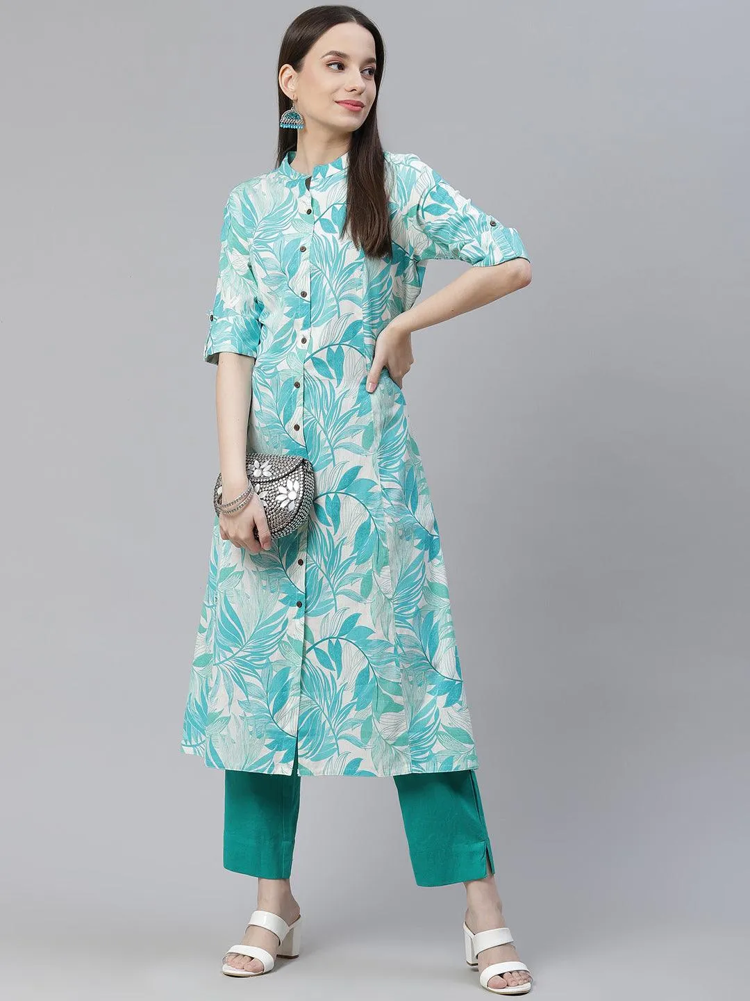 Divena Floral Print White Cotton Flex Kurta