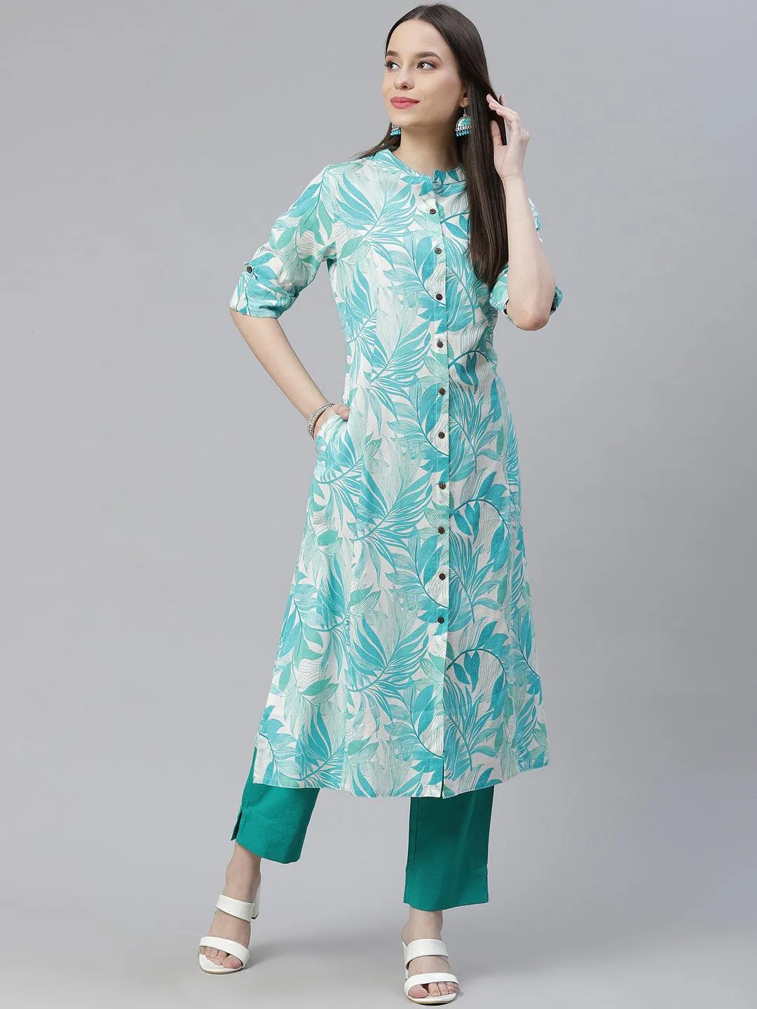 Divena Floral Print White Cotton Flex Kurta