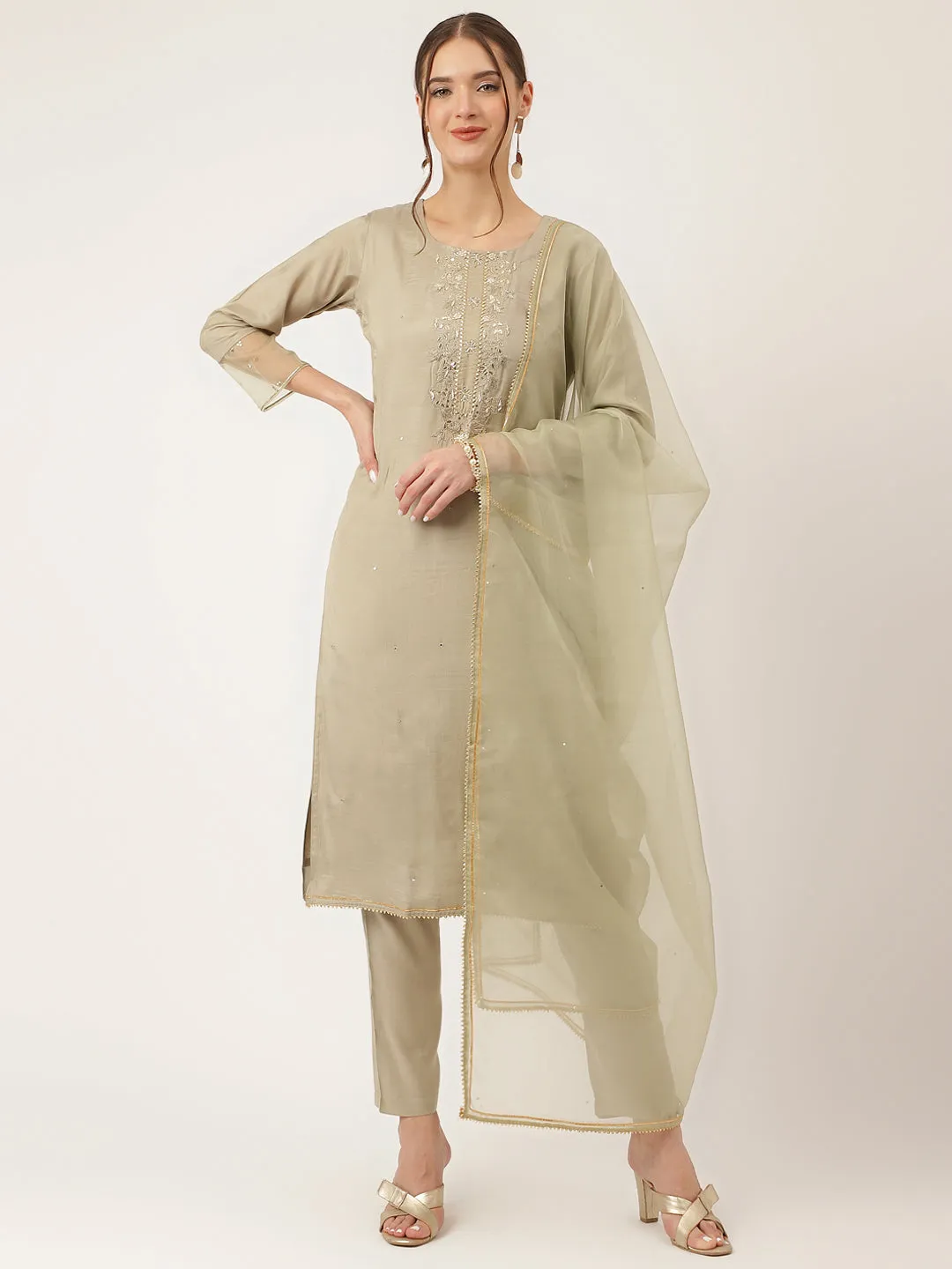 Divena Green Embroidered Chanderi  Kurta, Trouser and Dupatta