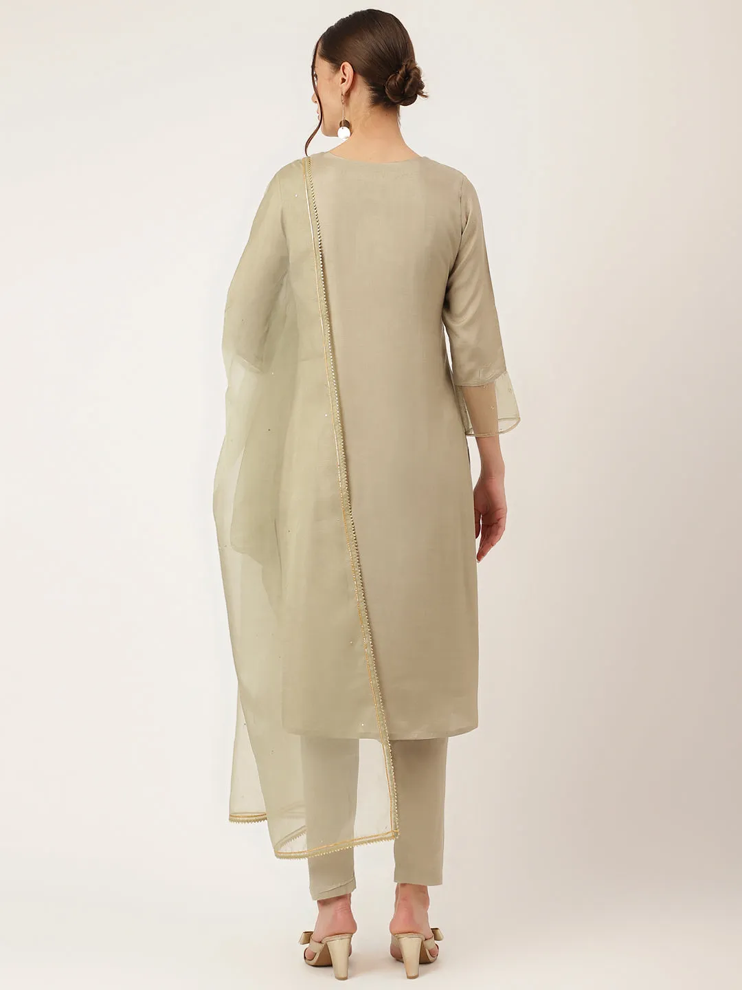 Divena Green Embroidered Chanderi  Kurta, Trouser and Dupatta