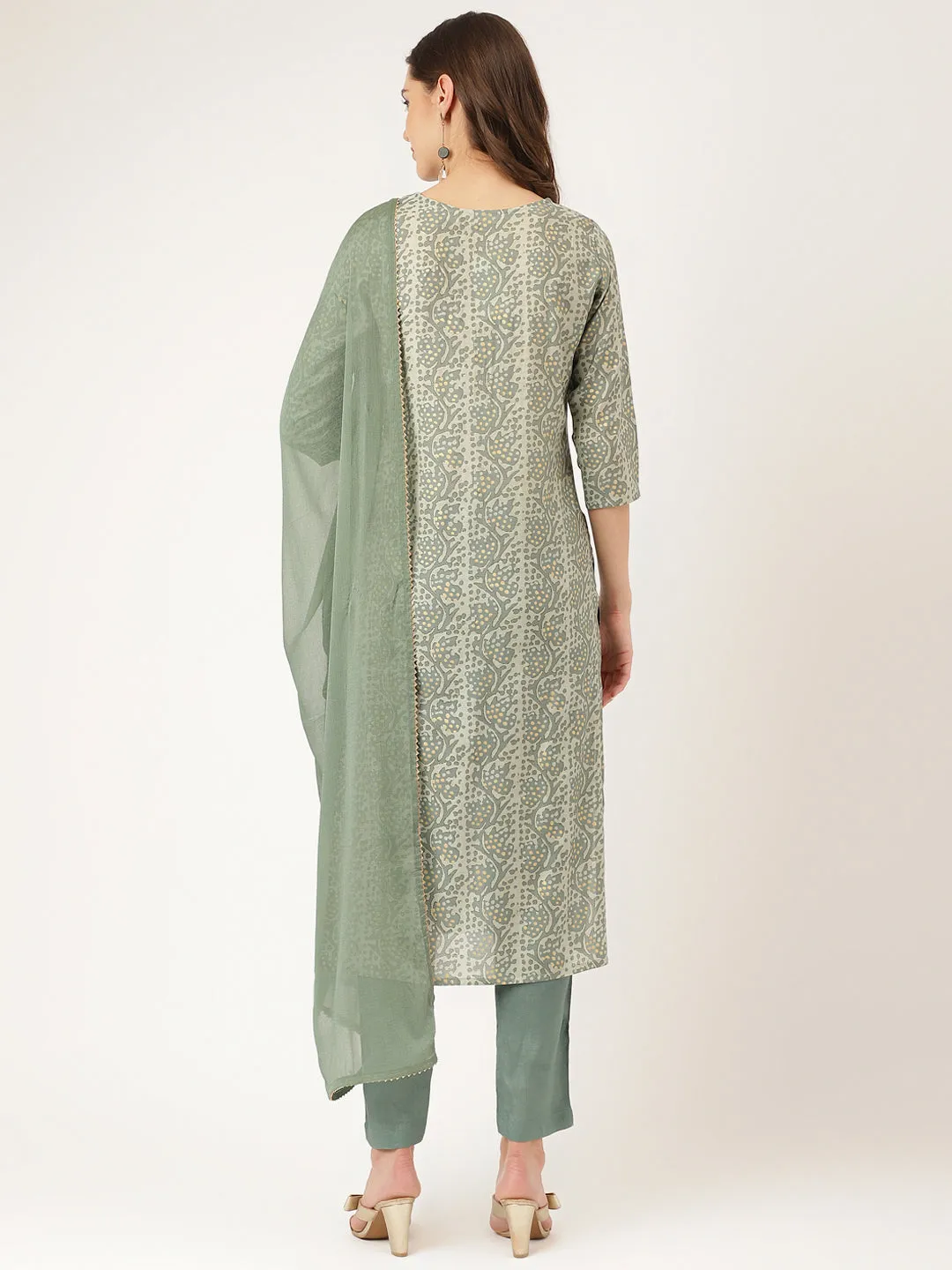 Divena Green Floral Print Chanderi Kurta, Trouser With Dupatta