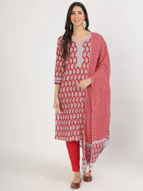 Divena Maroon Paisley Print Cotton Kurta pants with Dupatta set