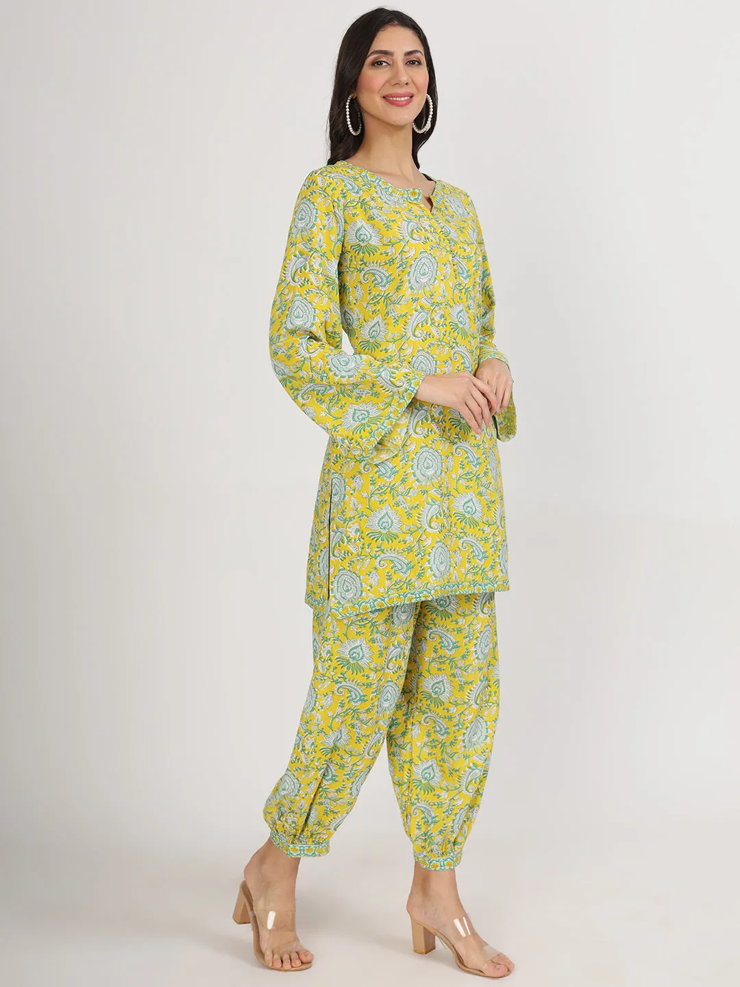 Divena Mustard Floral Print Rayon Co-ord set