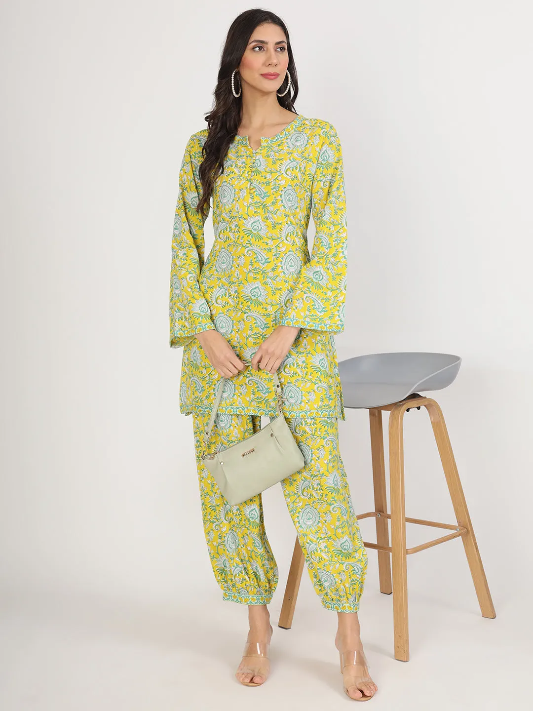 Divena Mustard Floral Print Rayon Co-ord set