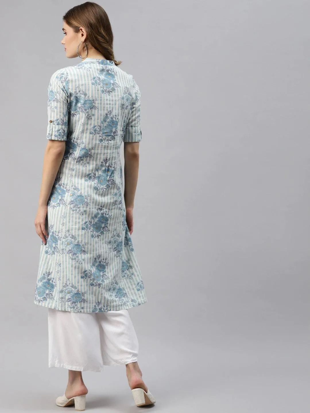 Divena Off White And Blue Floral Printed Cotton A-Line Kurta