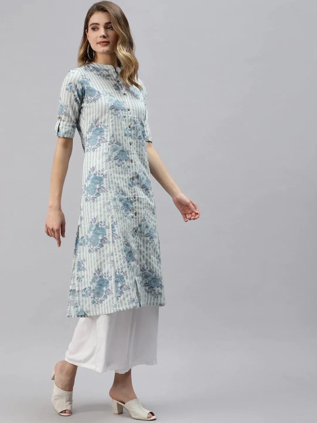 Divena Off White And Blue Floral Printed Cotton A-Line Kurta