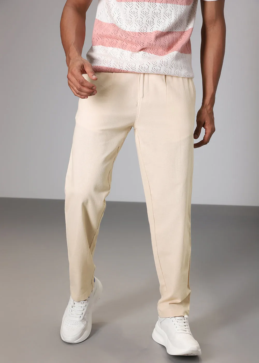 Ecru Cream Comfort Fit Linen Pant