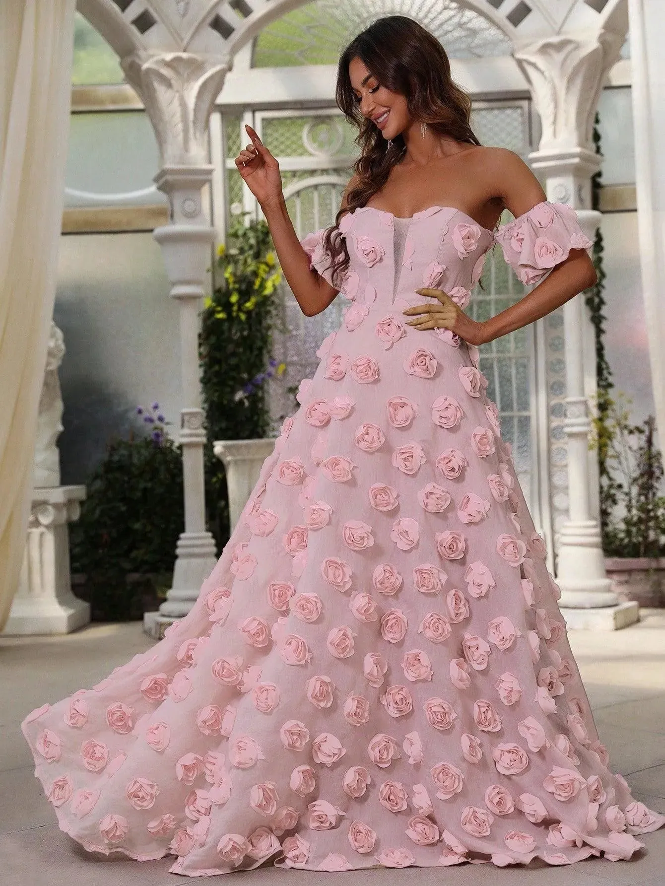 Elegant Off Shoulder 3D Flower Maxi Dresses