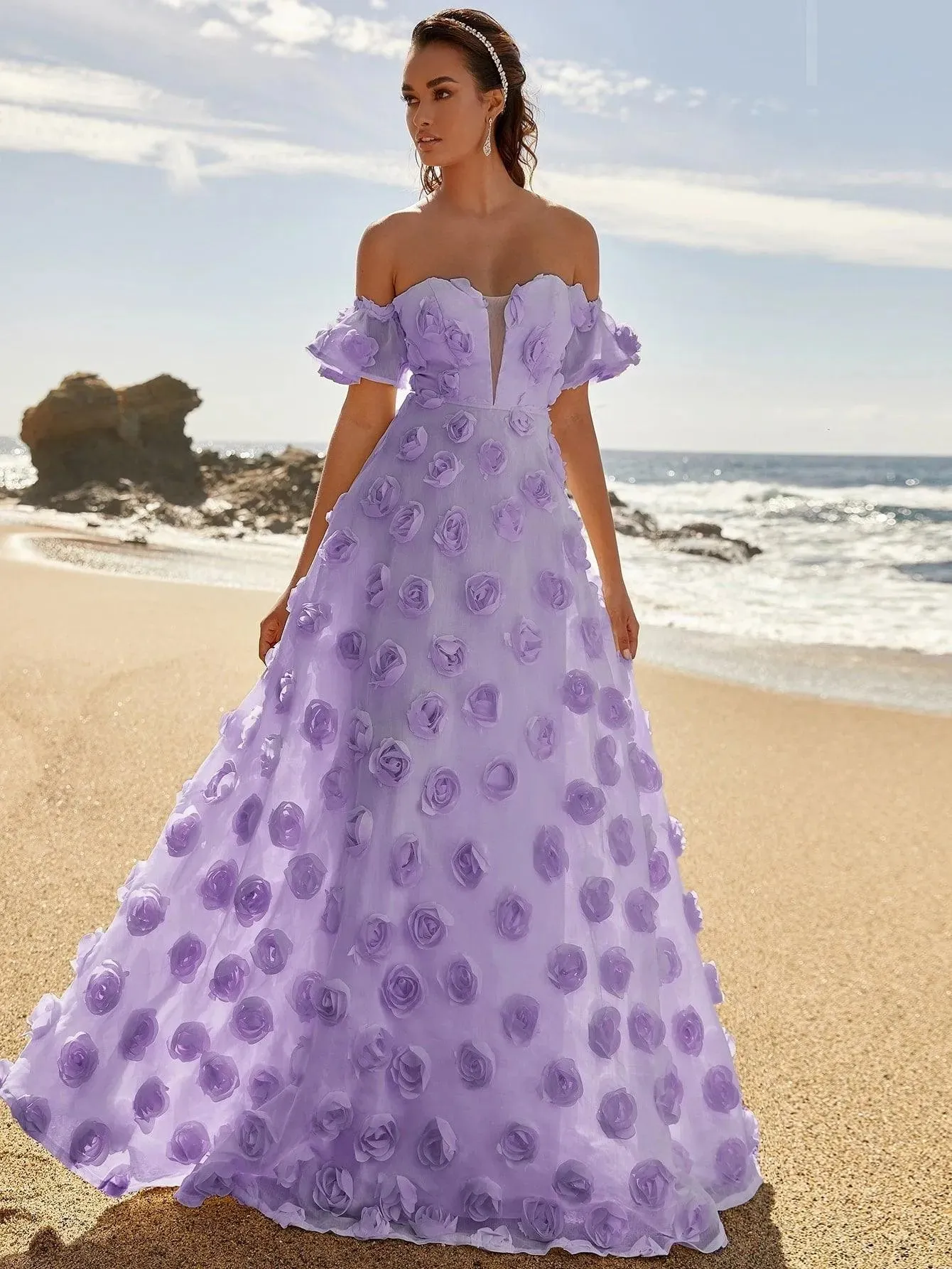 Elegant Off Shoulder 3D Flower Maxi Dresses