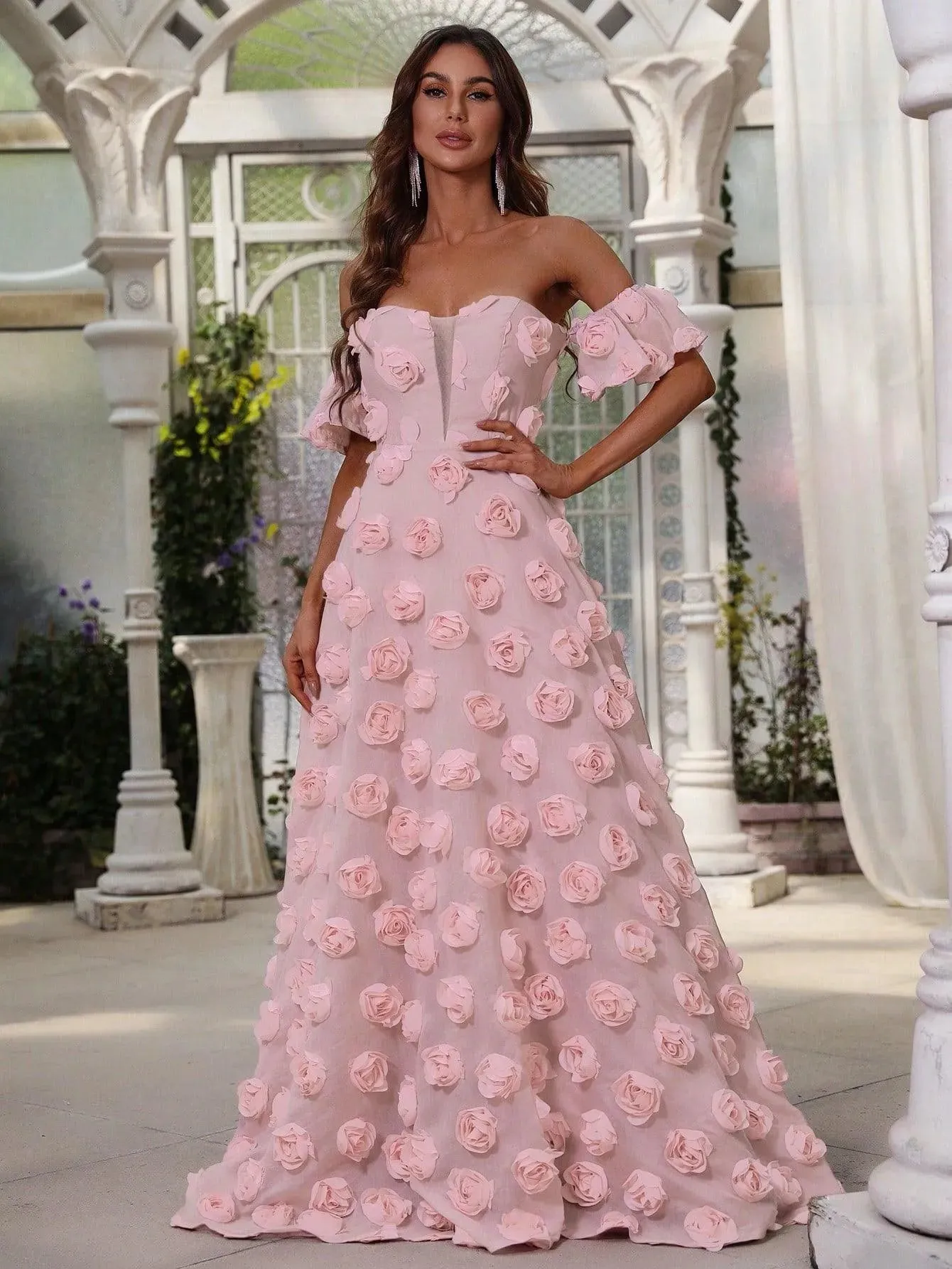 Elegant Off Shoulder 3D Flower Maxi Dresses