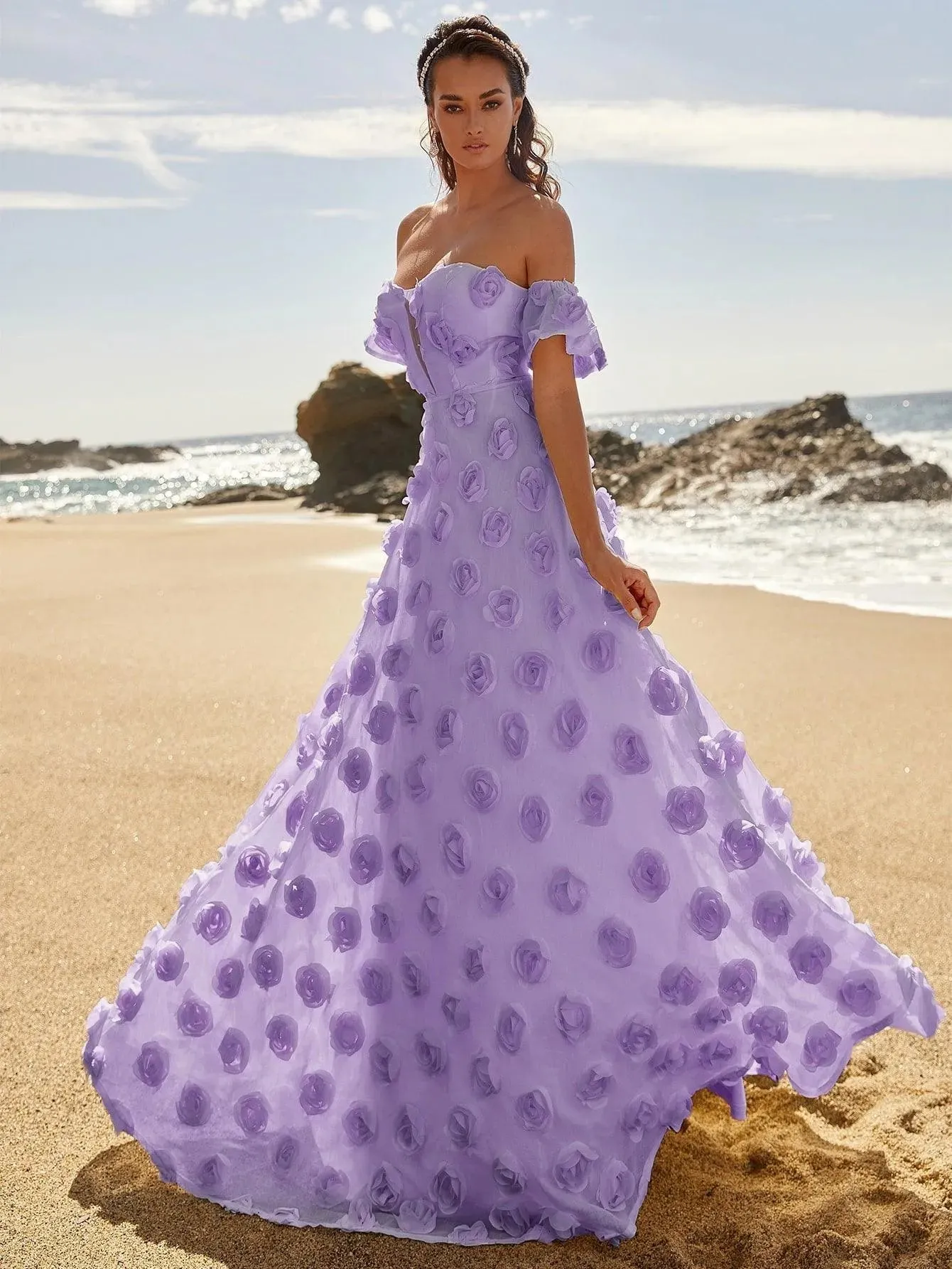 Elegant Off Shoulder 3D Flower Maxi Dresses