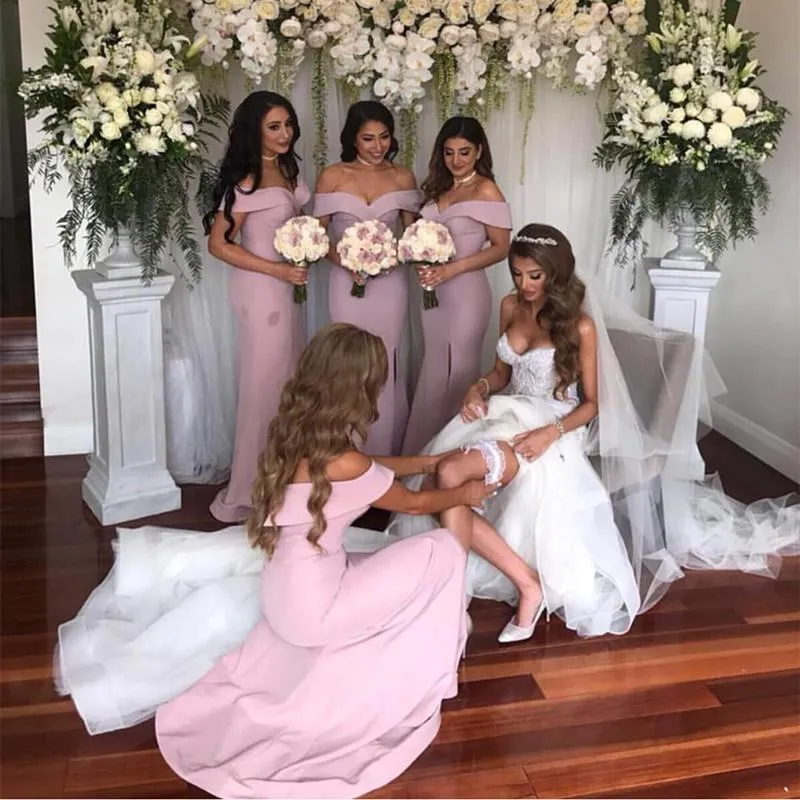 Elegant Off Shoulder Satin Mermaid Bridesmaid Dresses Leg Split