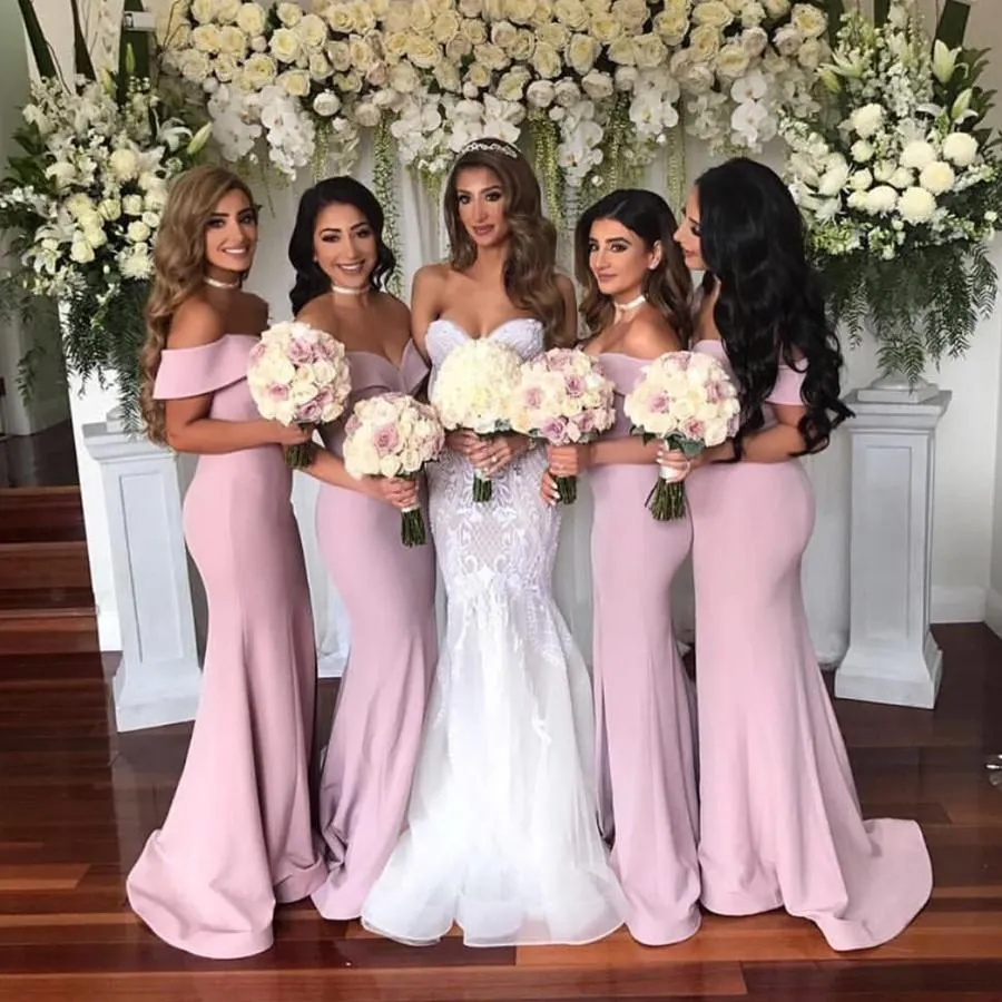 Elegant Off Shoulder Satin Mermaid Bridesmaid Dresses Leg Split