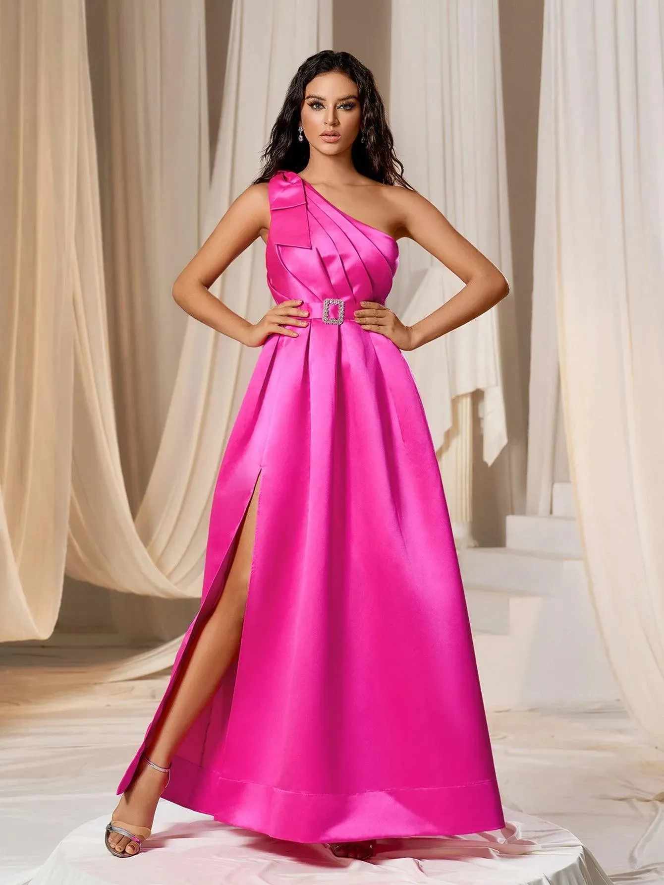 Elegant One Shoulder Sleeveless Satin A line Dresses