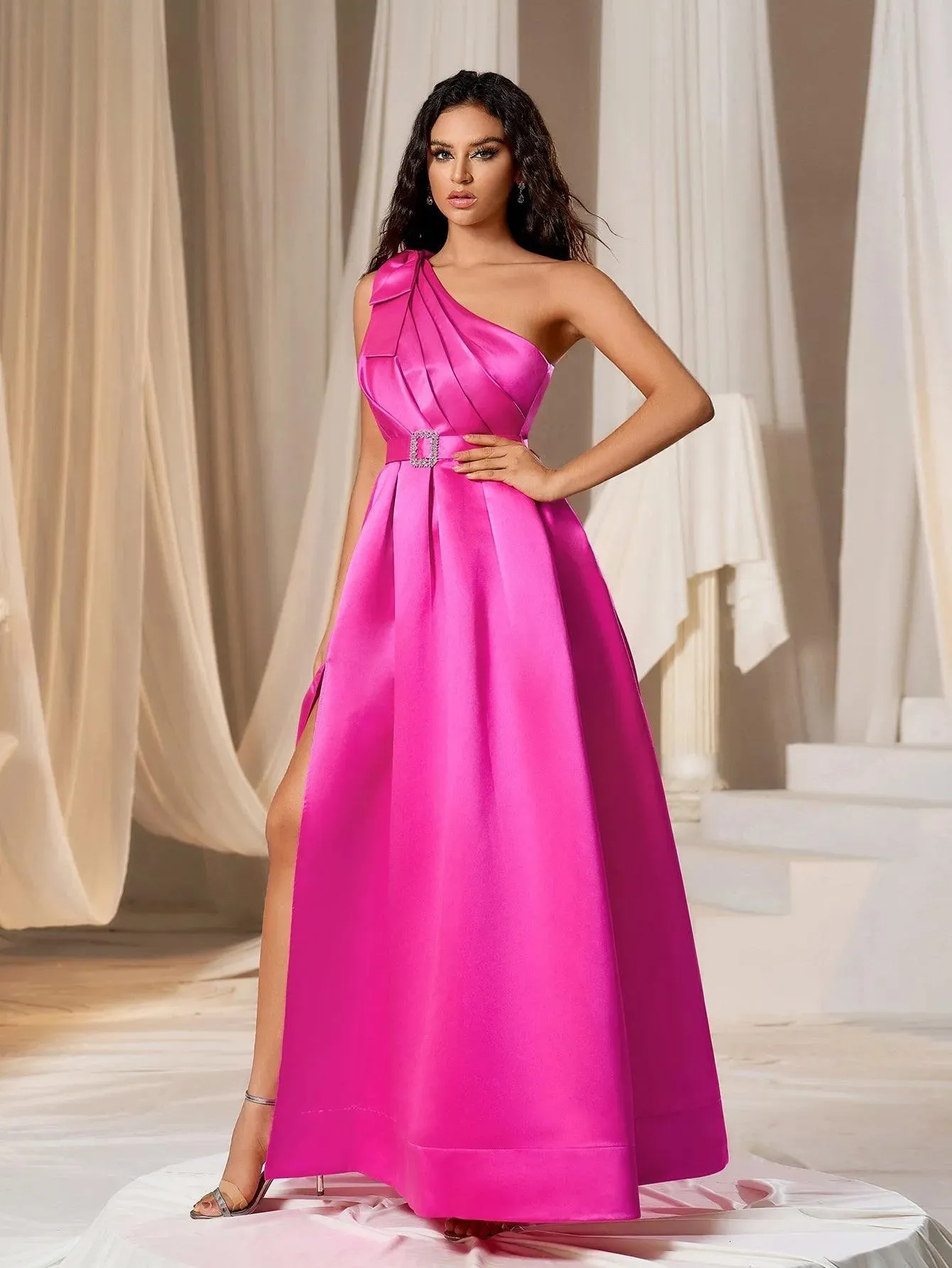 Elegant One Shoulder Sleeveless Satin A line Dresses