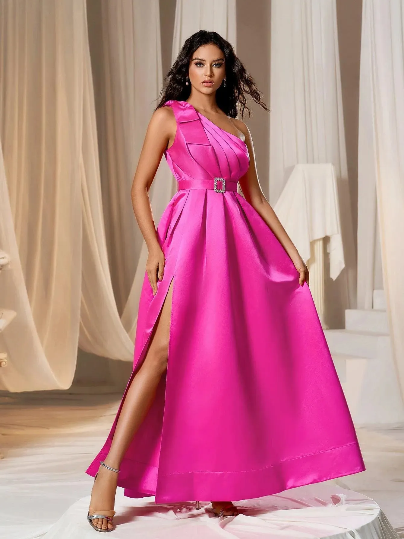 Elegant One Shoulder Sleeveless Satin A line Dresses