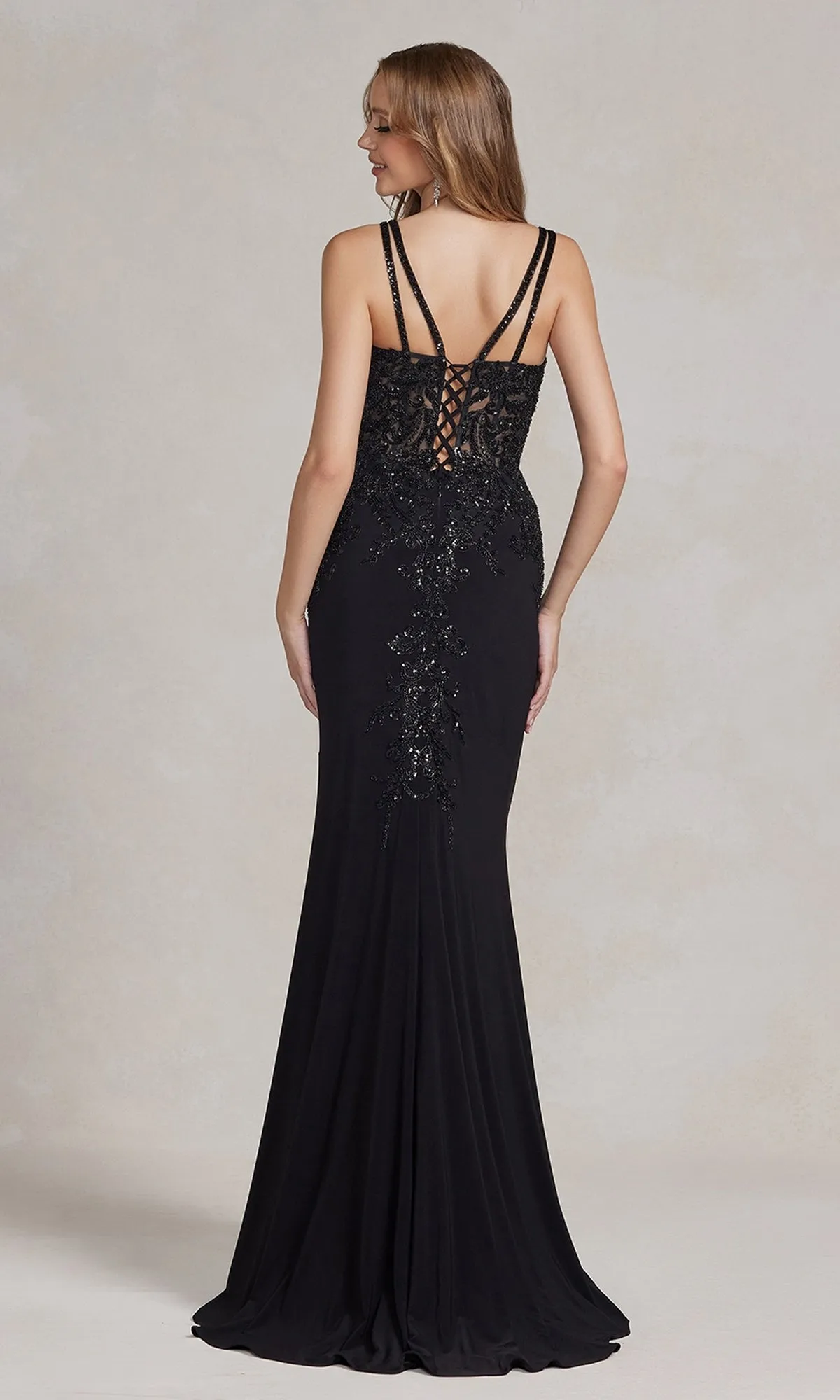 Embellished-Sheer-Bodice Long Formal Dress