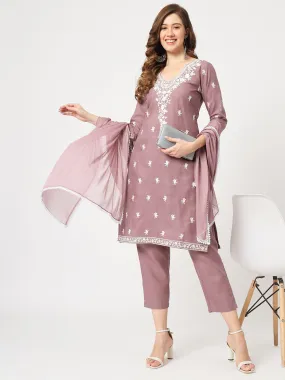 Embroidered Kurta With Matching Pants And Lace Detailed Dupatta Set