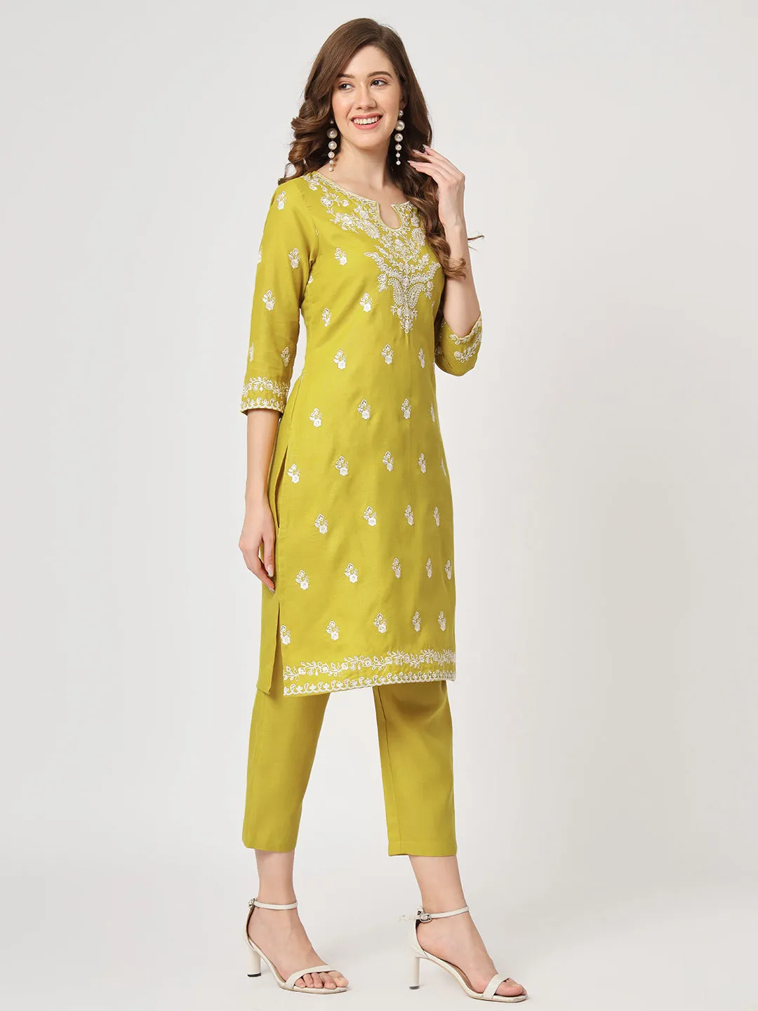 Embroidered Kurta With Matching Pants And Lace Detailed Dupatta Set