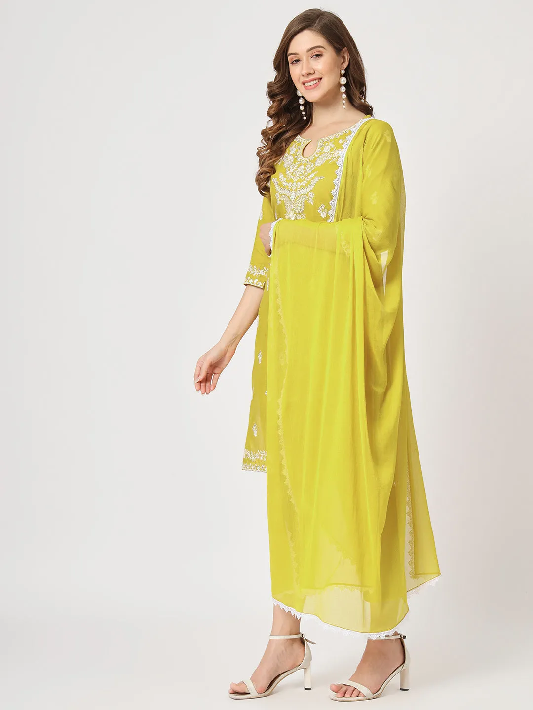 Embroidered Kurta With Matching Pants And Lace Detailed Dupatta Set