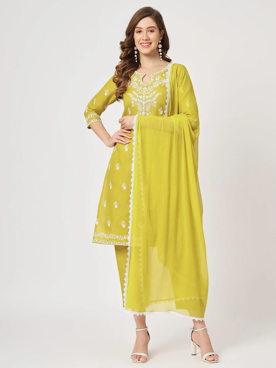 Embroidered Kurta With Matching Pants And Lace Detailed Dupatta Set