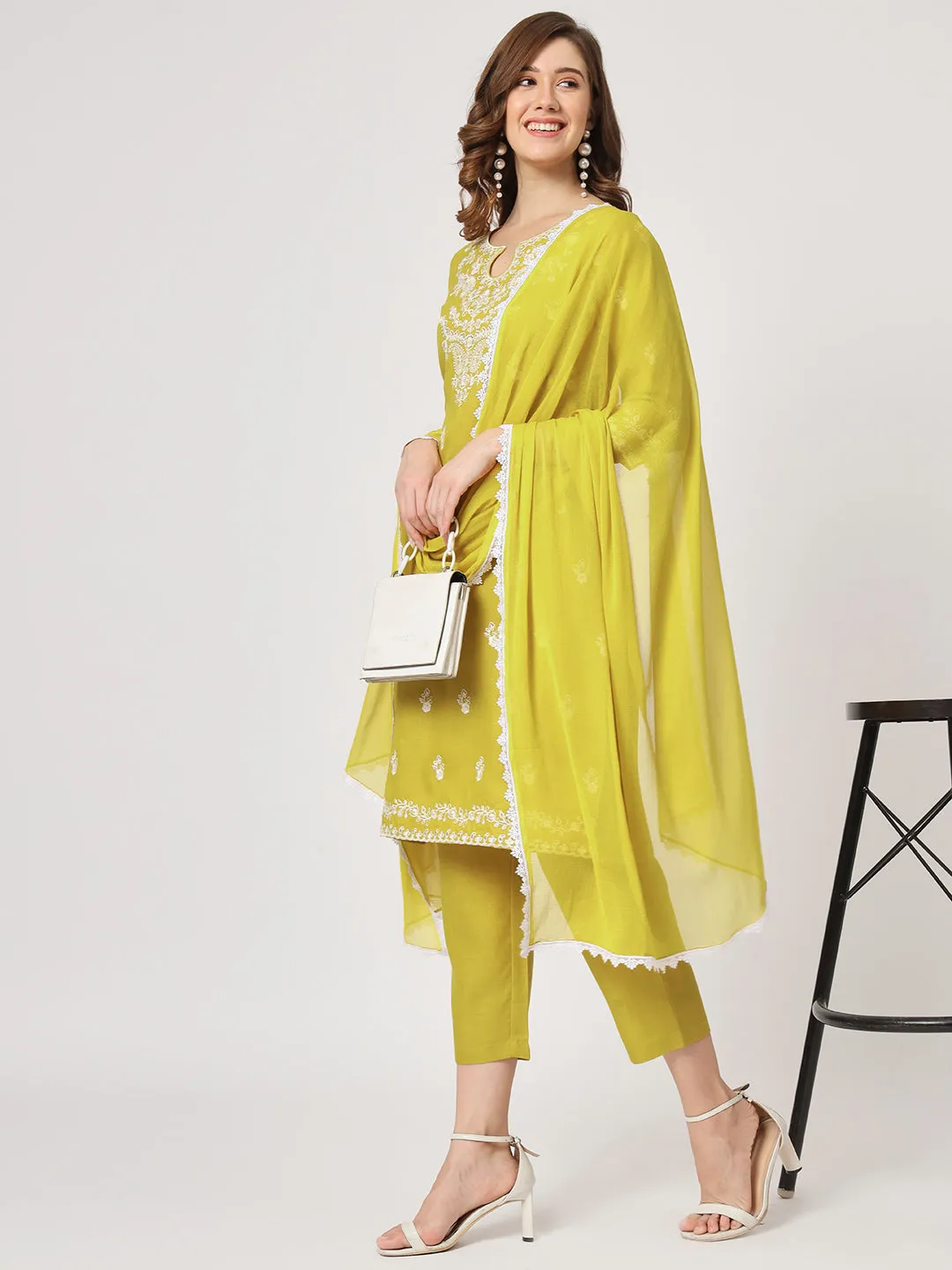 Embroidered Kurta With Matching Pants And Lace Detailed Dupatta Set