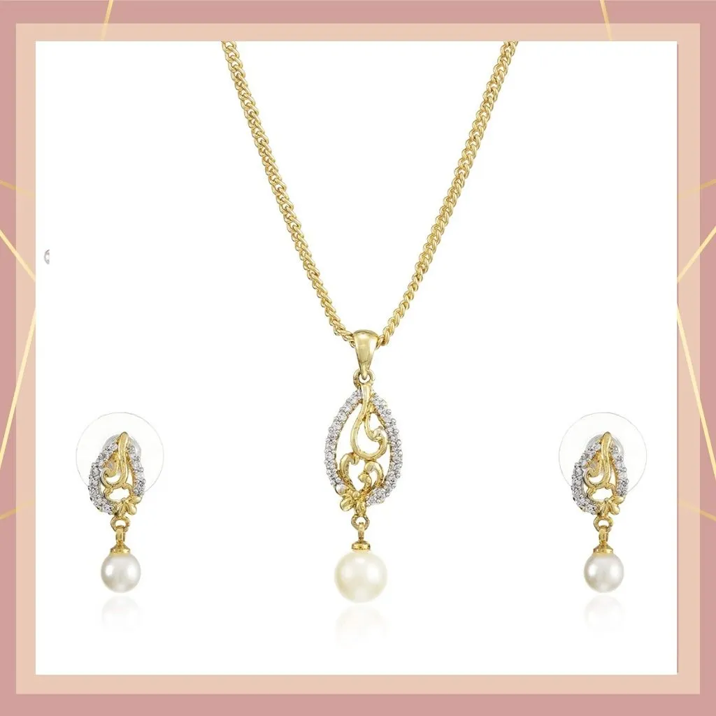 Estele 24 Kt Gold Plated CZ Leaf Designer Pendant Set with Pearls for Women