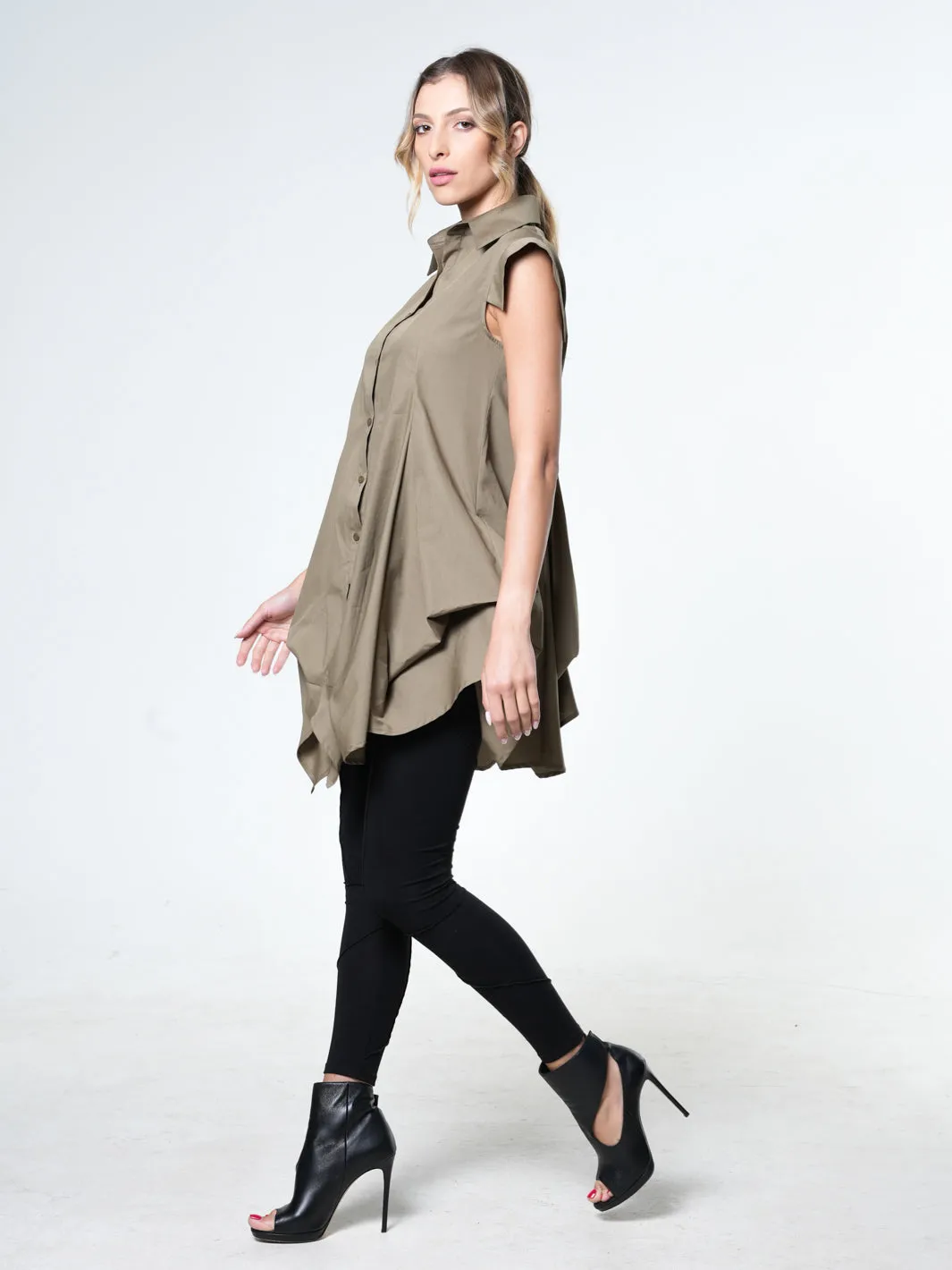 Extravagant Draped Tunic Shirt In Khaki