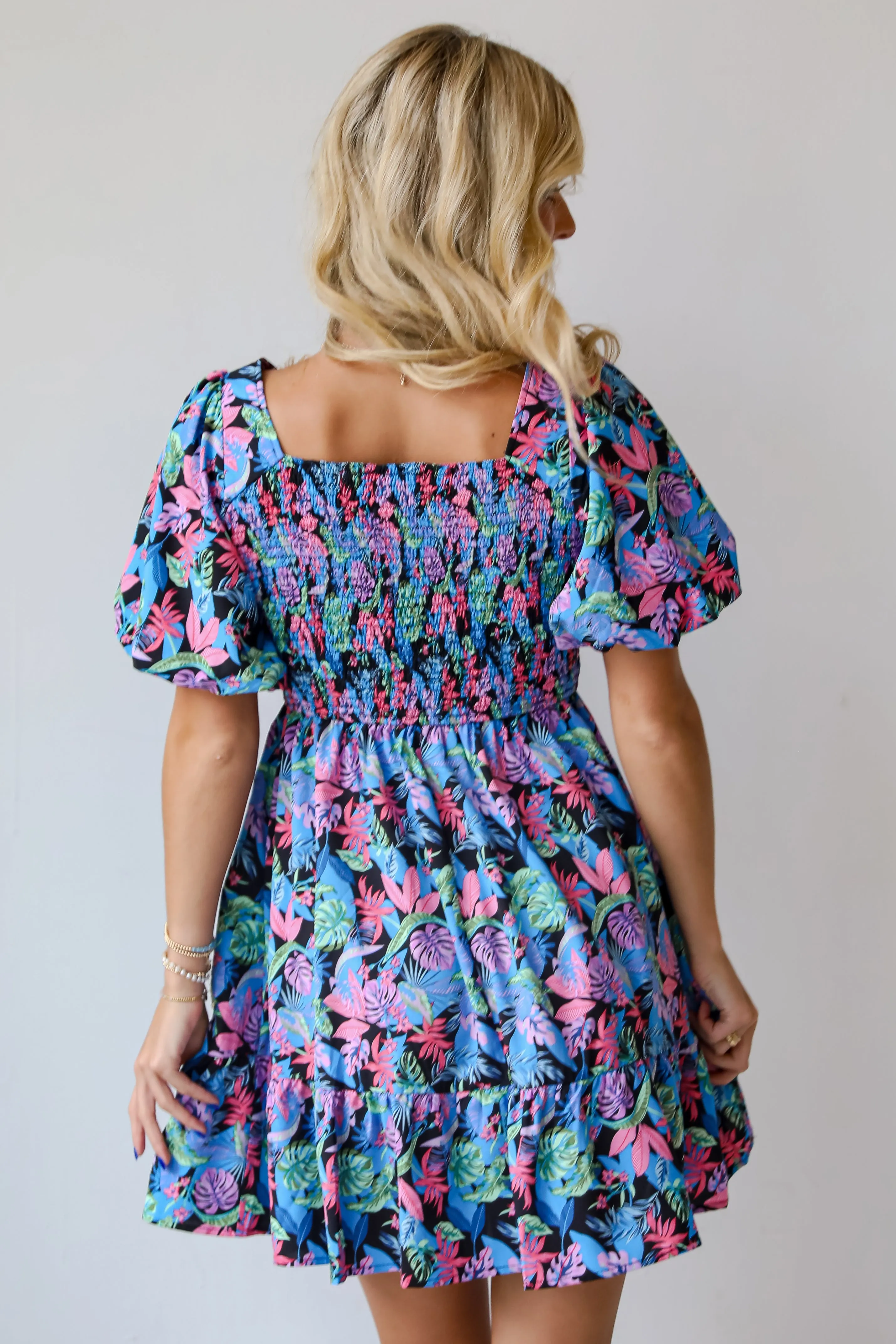 FINAL SALE - Bahama Beauty Blue Leaf Print Mini Dress