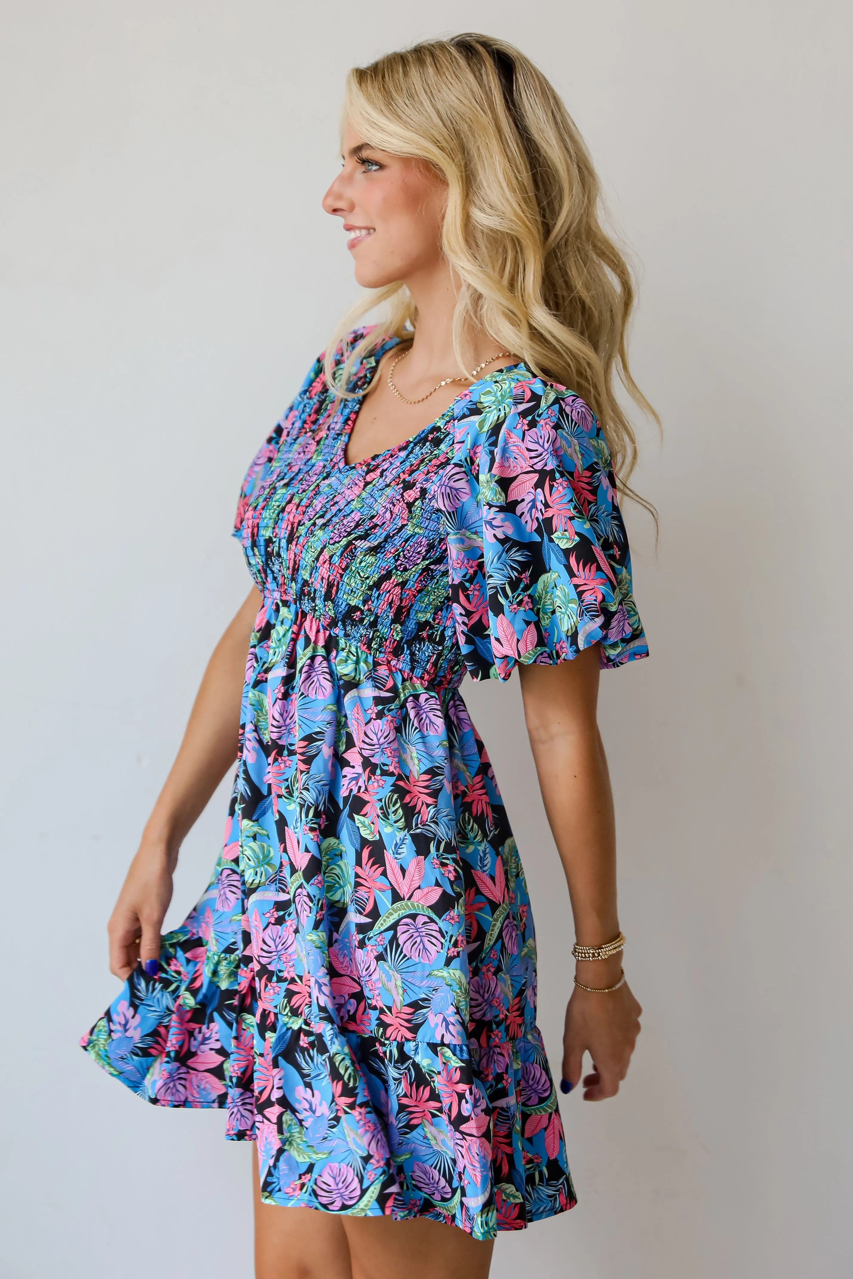 FINAL SALE - Bahama Beauty Blue Leaf Print Mini Dress