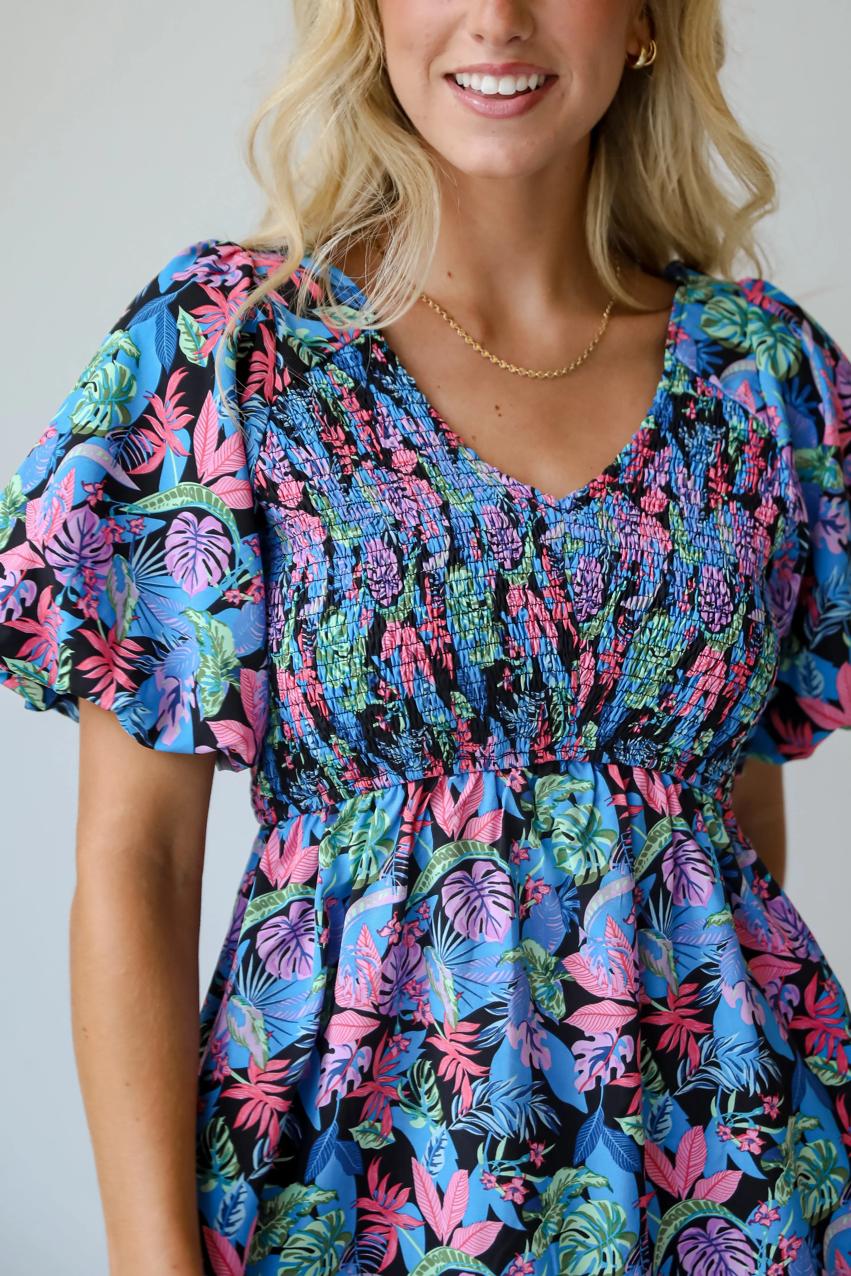 FINAL SALE - Bahama Beauty Blue Leaf Print Mini Dress