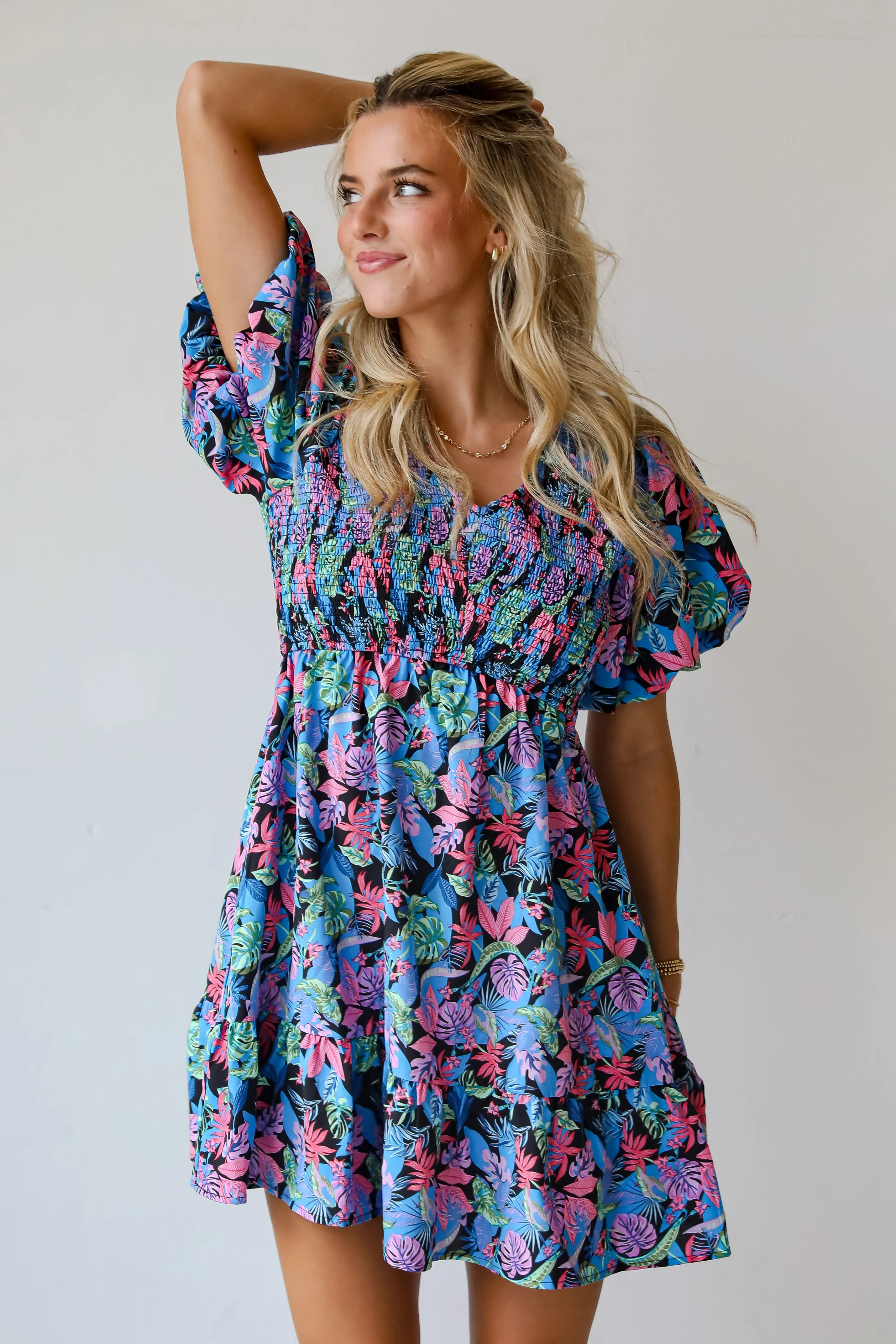 FINAL SALE - Bahama Beauty Blue Leaf Print Mini Dress