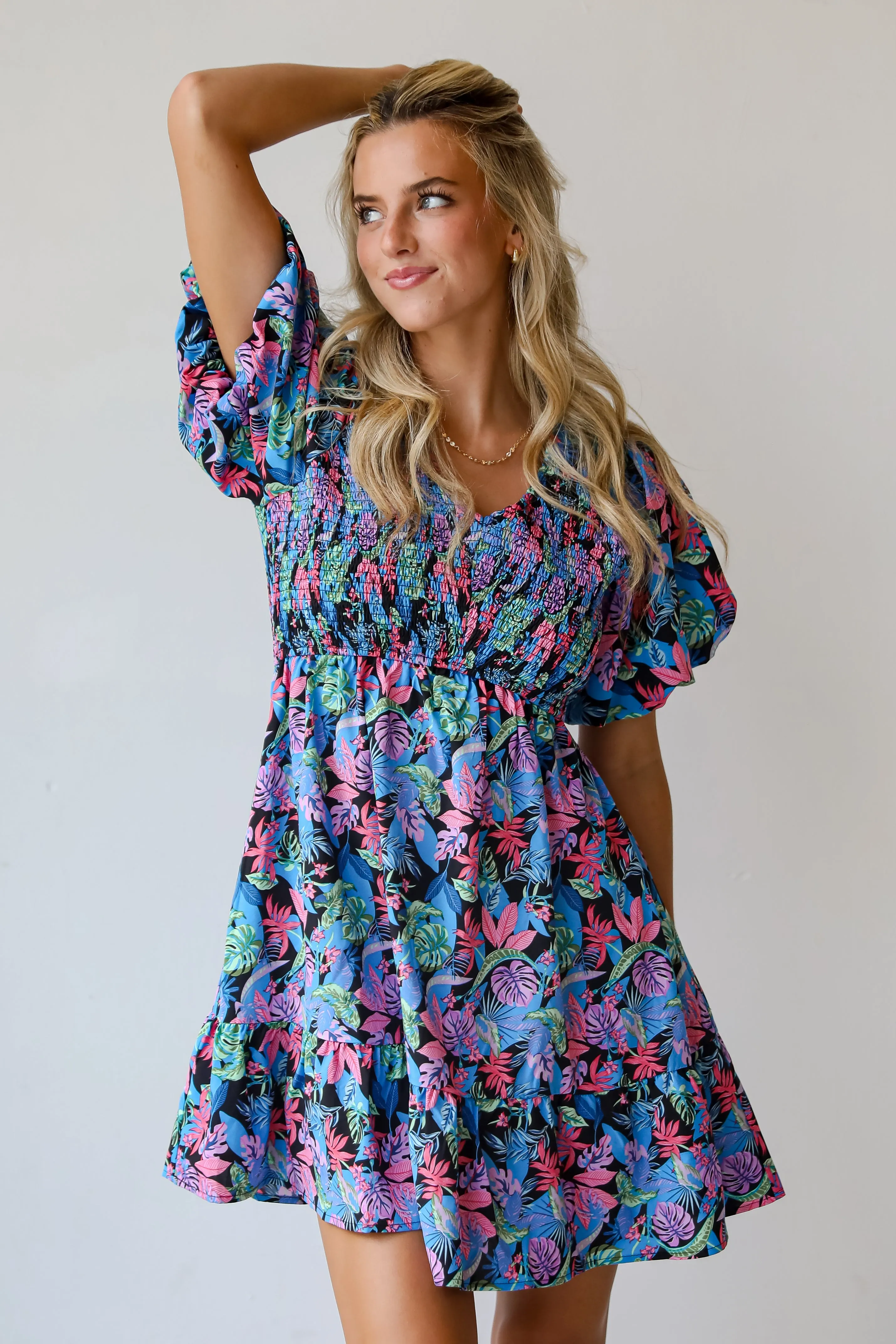 FINAL SALE - Bahama Beauty Blue Leaf Print Mini Dress