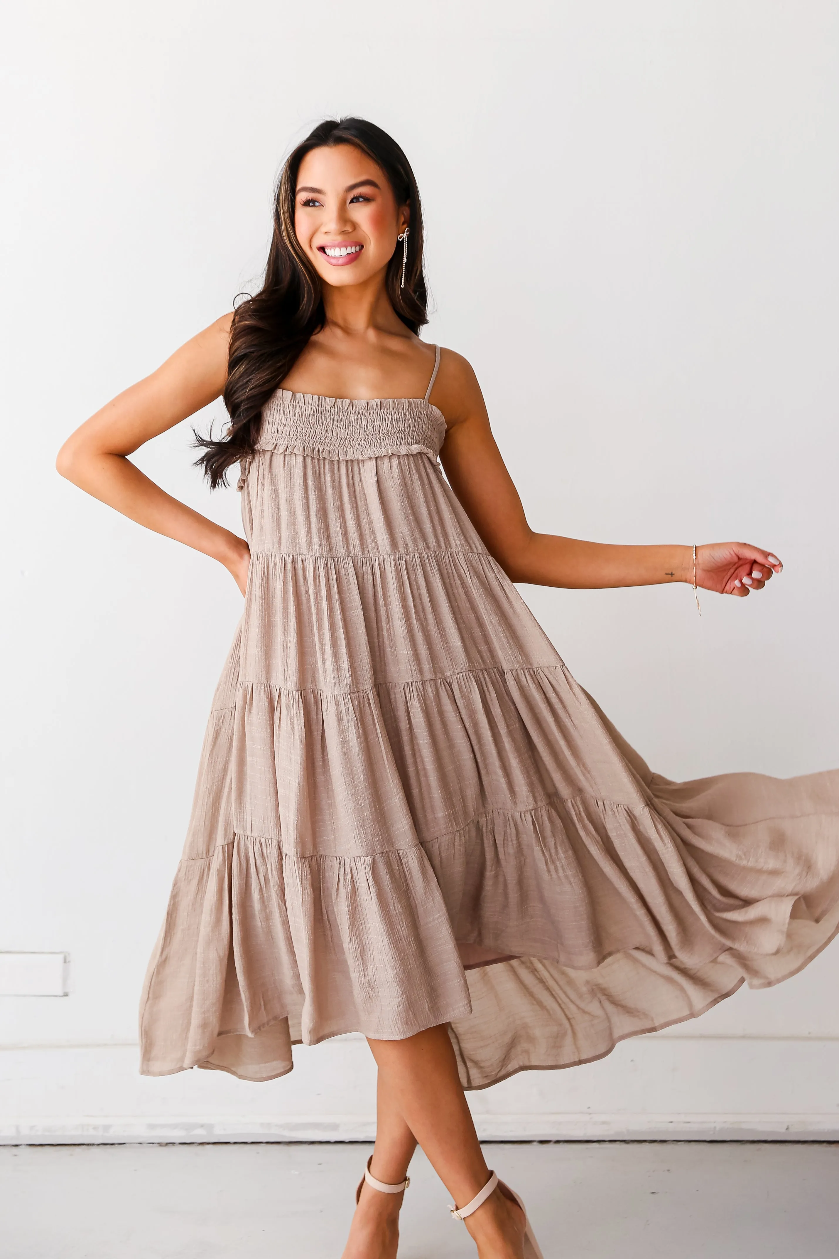 FINAL SALE - Carefree Behavior Taupe Tiered Midi Dress