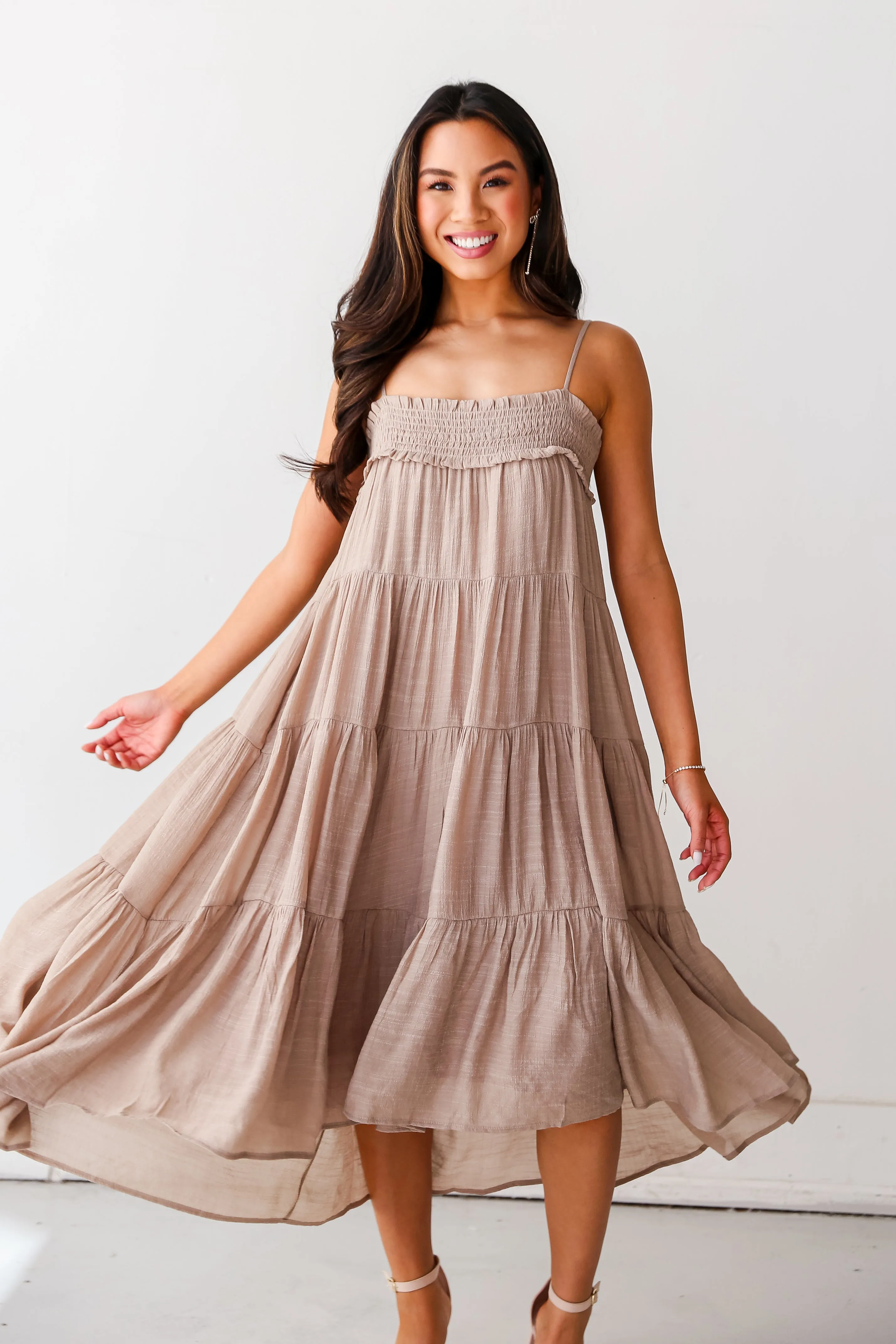 FINAL SALE - Carefree Behavior Taupe Tiered Midi Dress