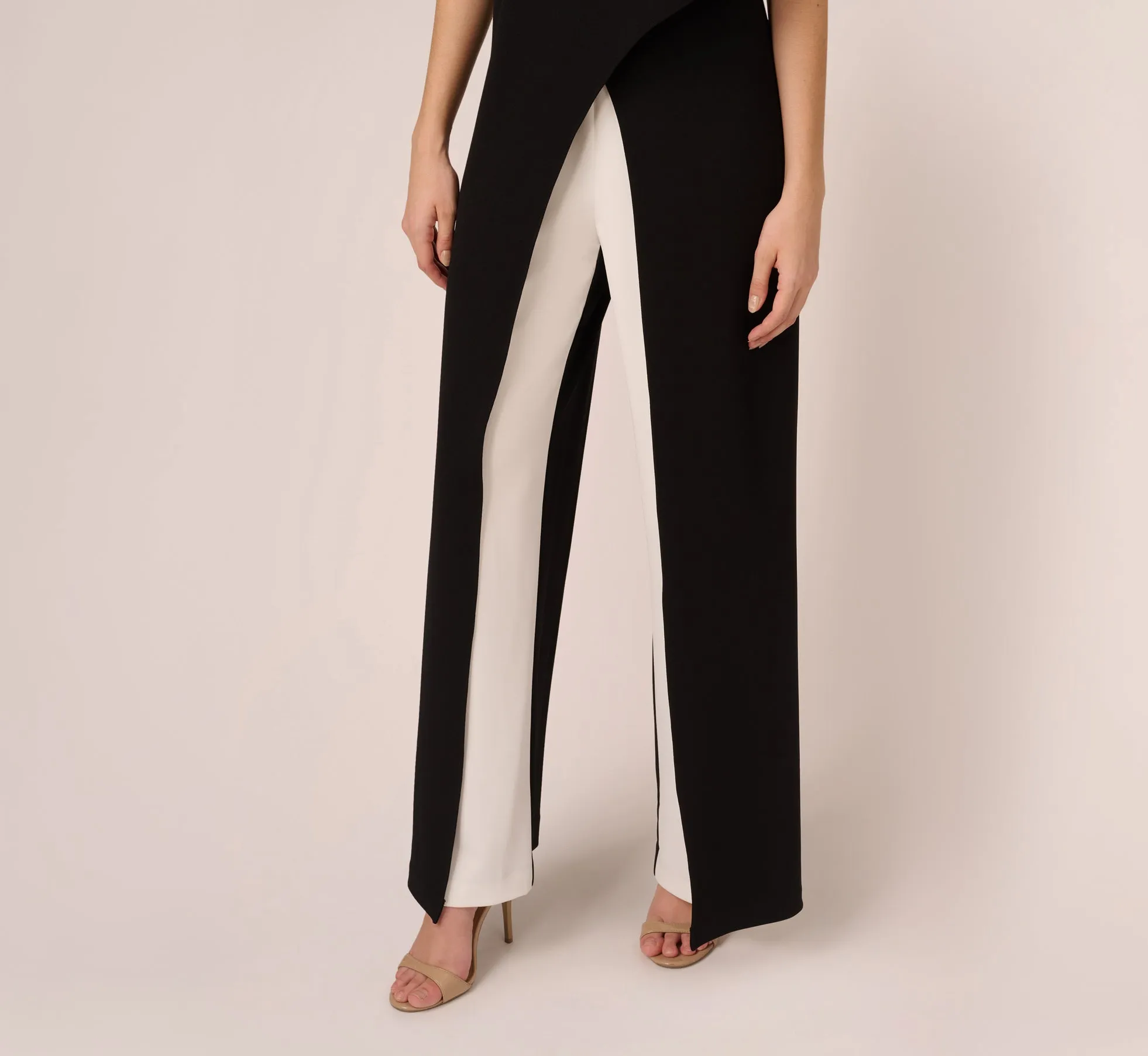 Flutter One Shoulder Colorblock Jumpsuit With Wide Legs In Black Ivory