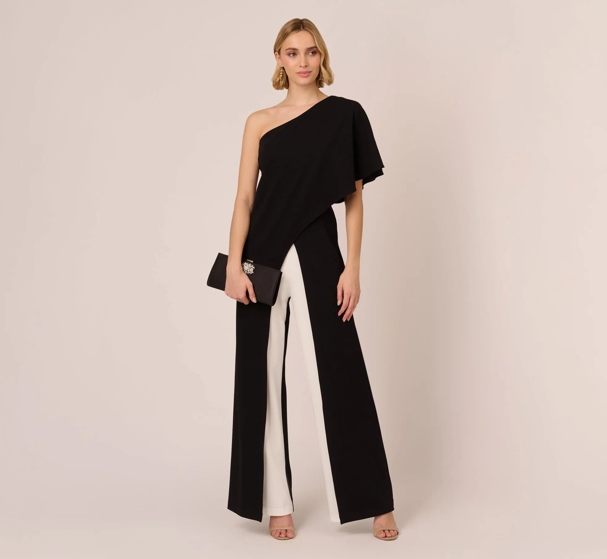 Flutter One Shoulder Colorblock Jumpsuit With Wide Legs In Black Ivory