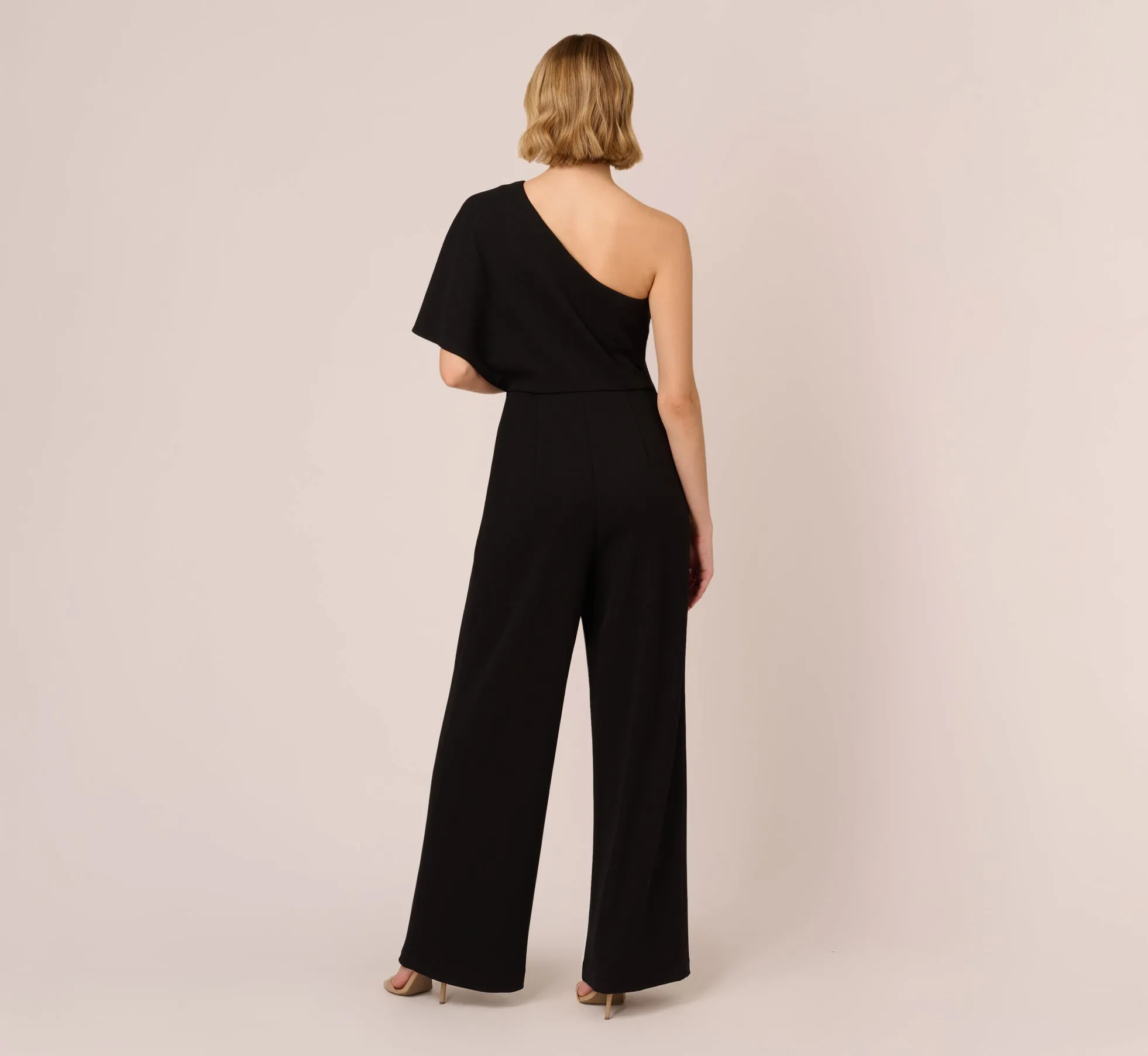 Flutter One Shoulder Colorblock Jumpsuit With Wide Legs In Black Ivory